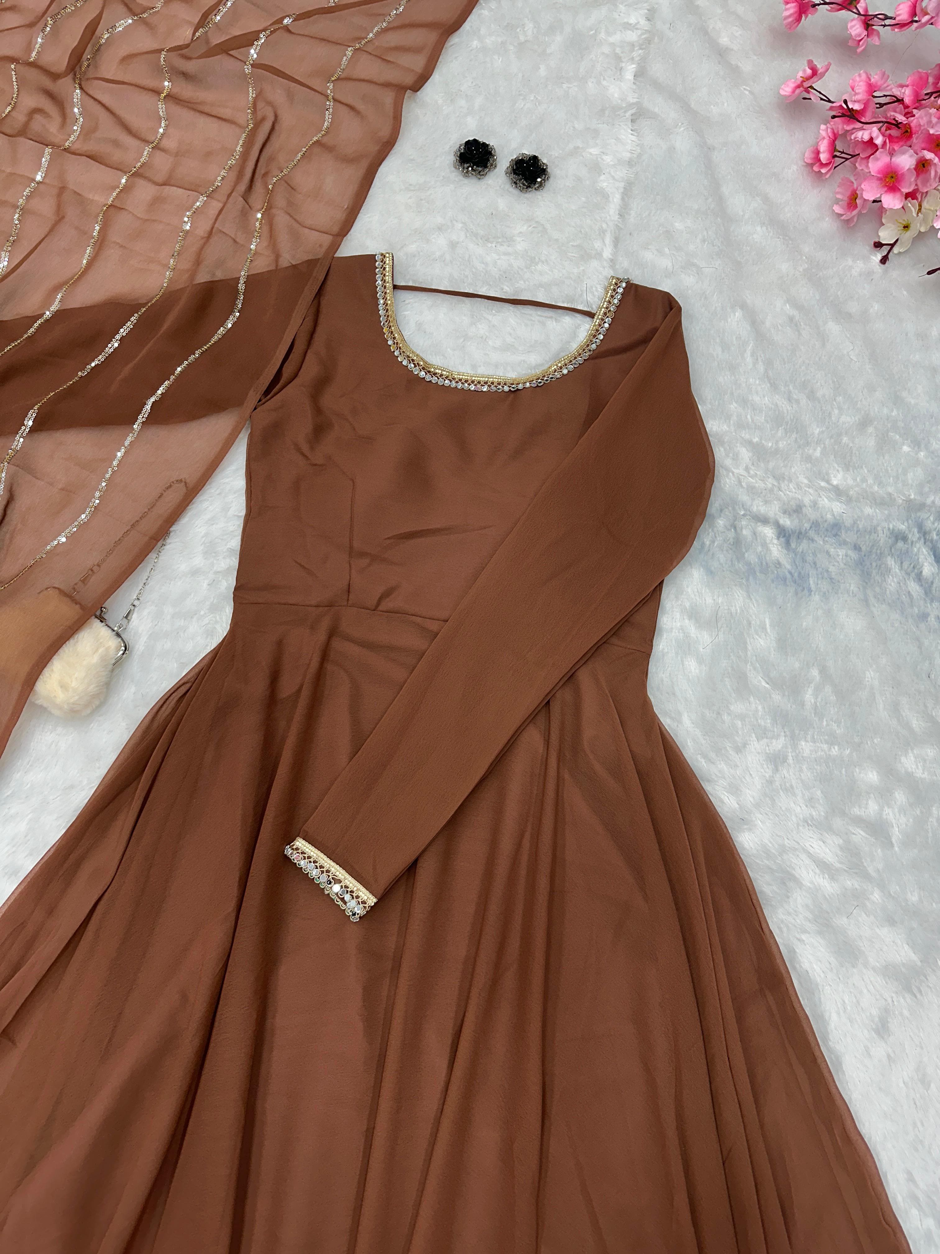 Casual Wear Shine Border Brown Color Gown