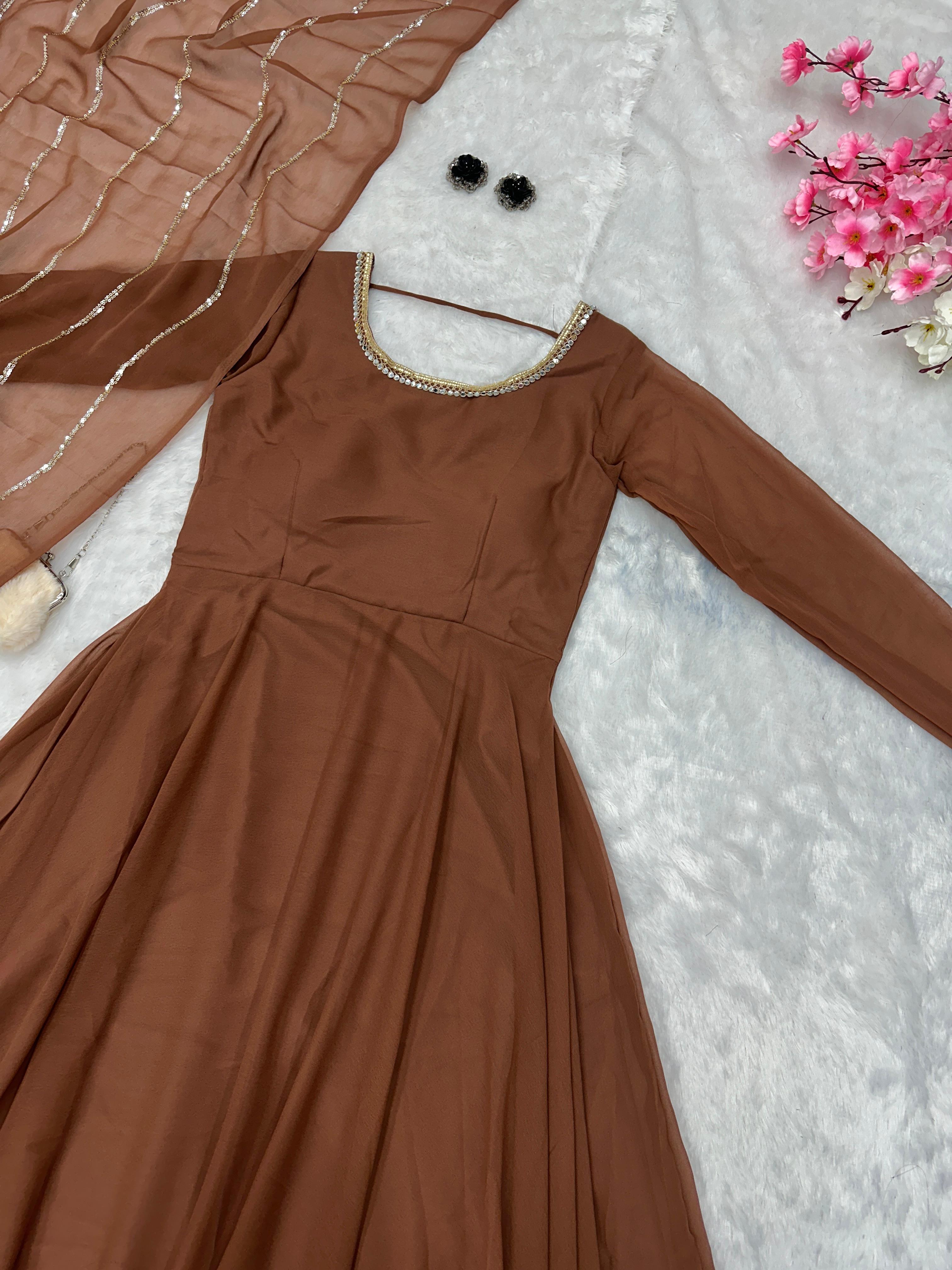 Casual Wear Shine Border Brown Color Gown