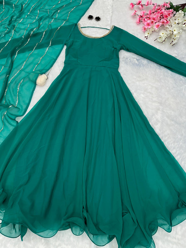 Festive Wear Shine Border Green Color Gown