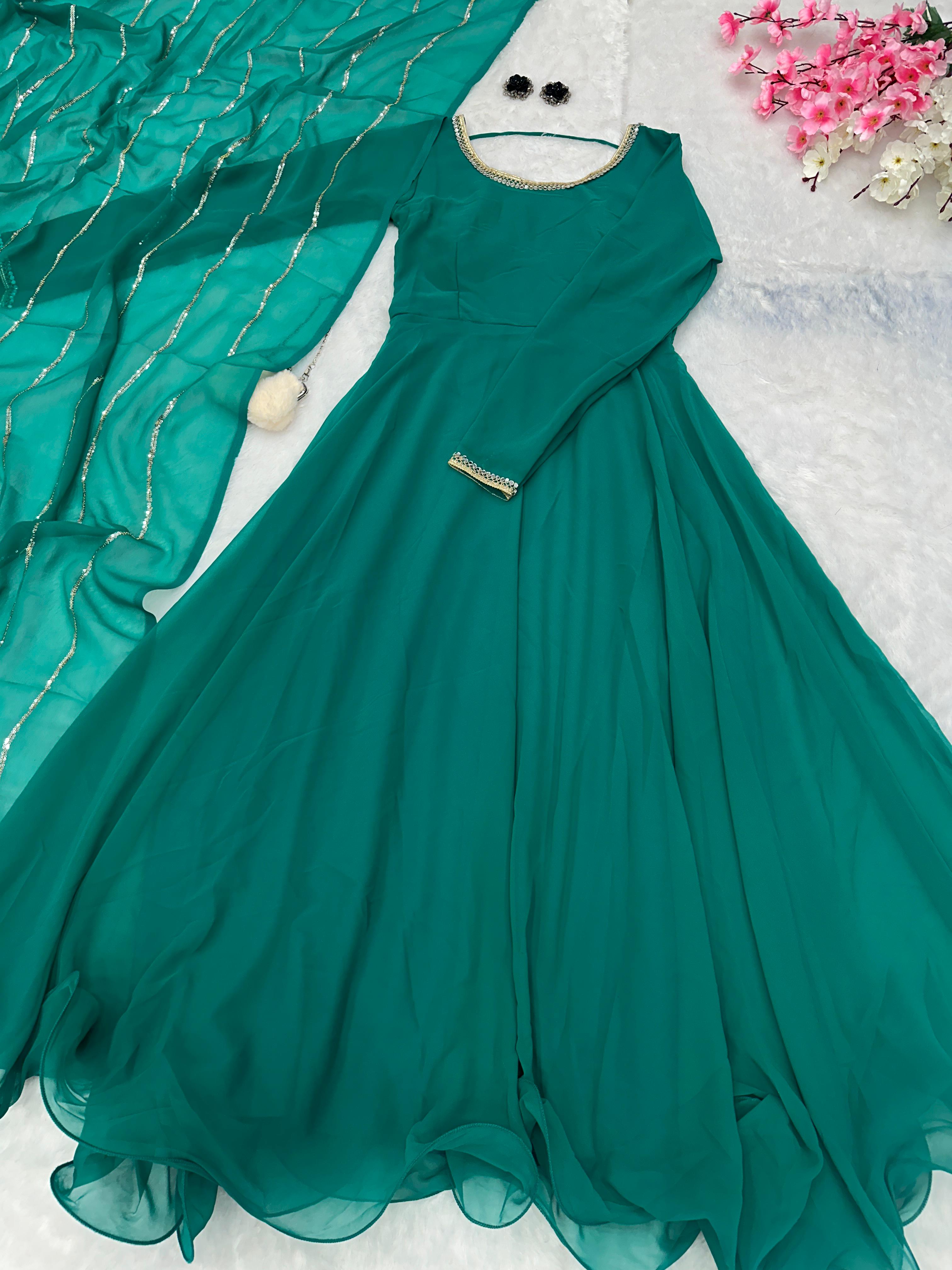 Festive Wear Shine Border Green Color Gown