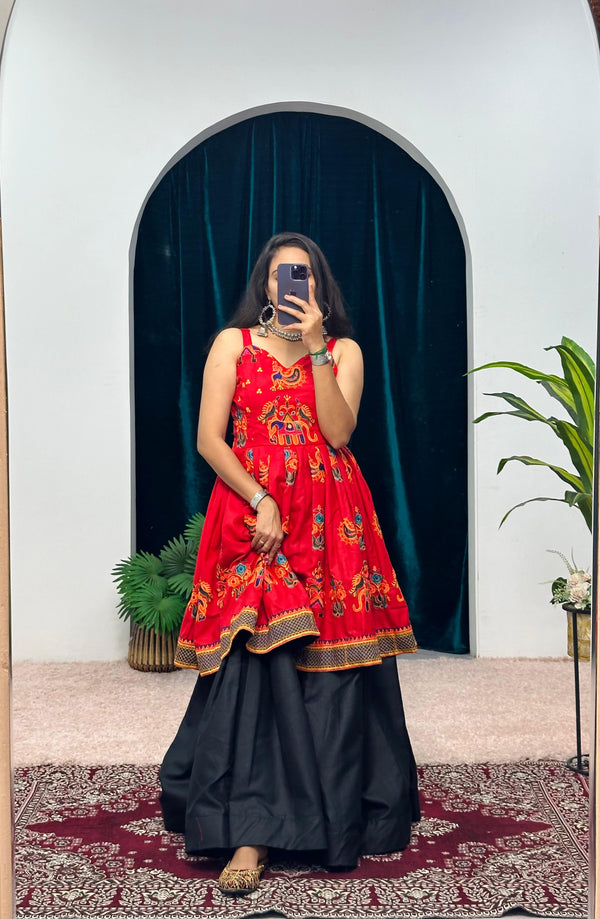 Navratri Collection Red Color Cotton With Full Embroidery Work Top With Lehenga