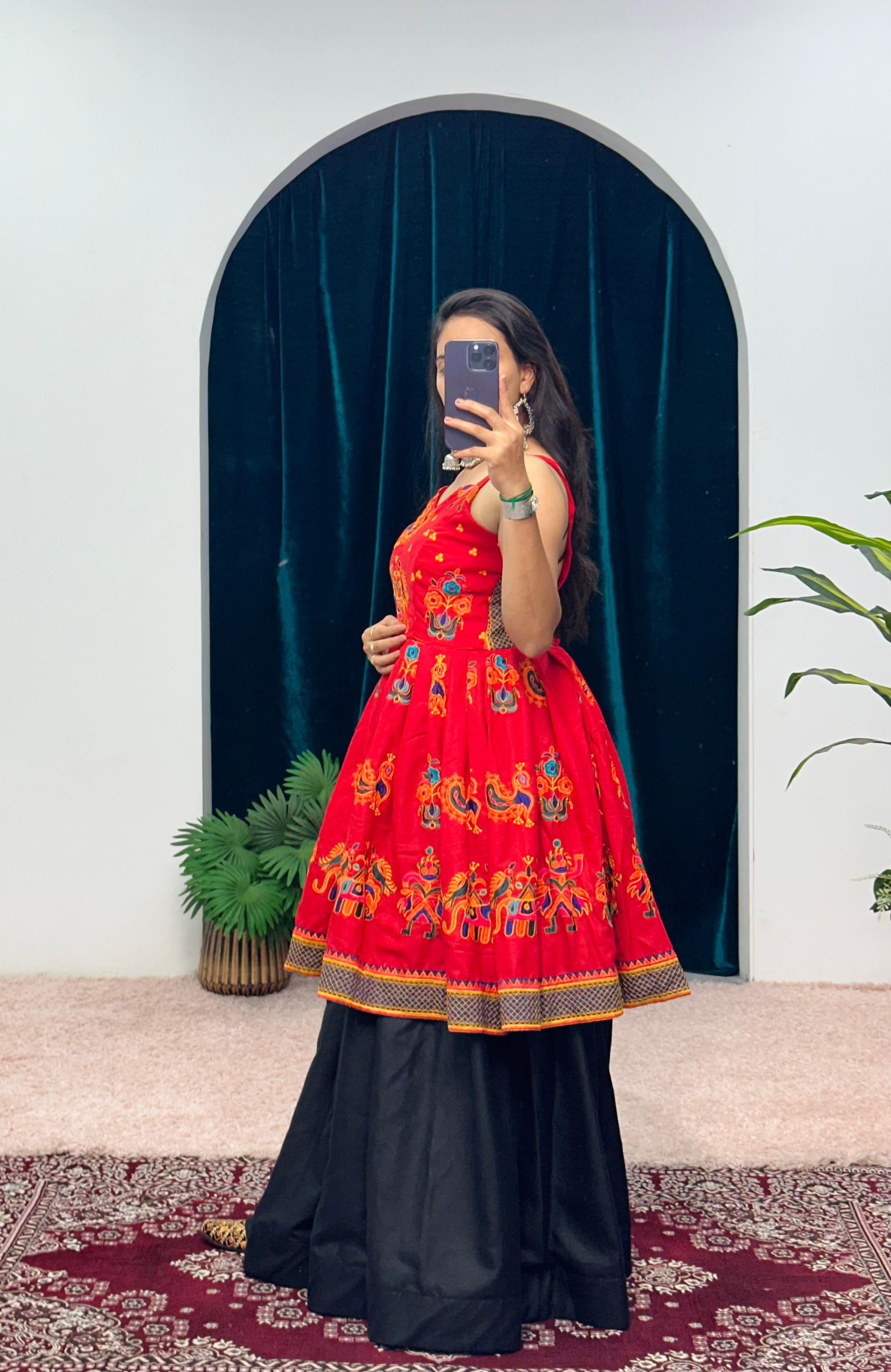 Navratri Collection Red Color Cotton With Full Embroidery Work Top With Lehenga