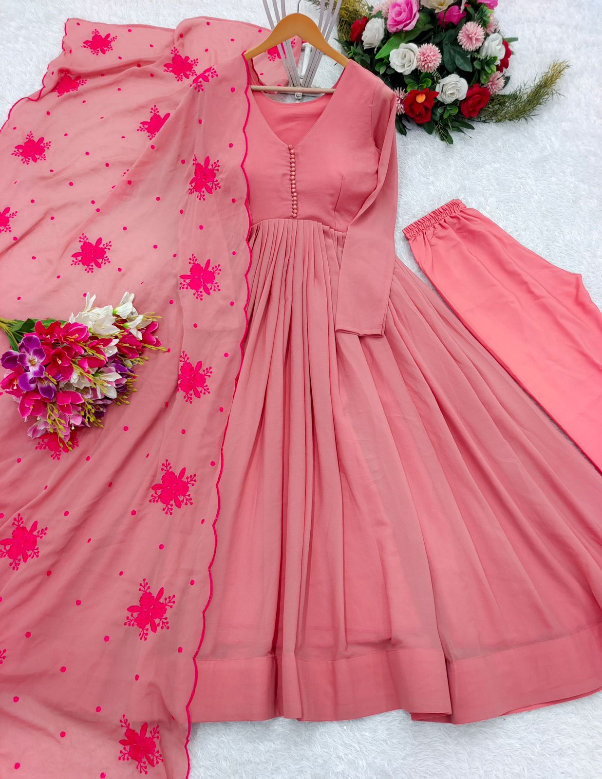 Casual Wear Baby Pink Color Georgette With 5 Meter Flair Designer Gown