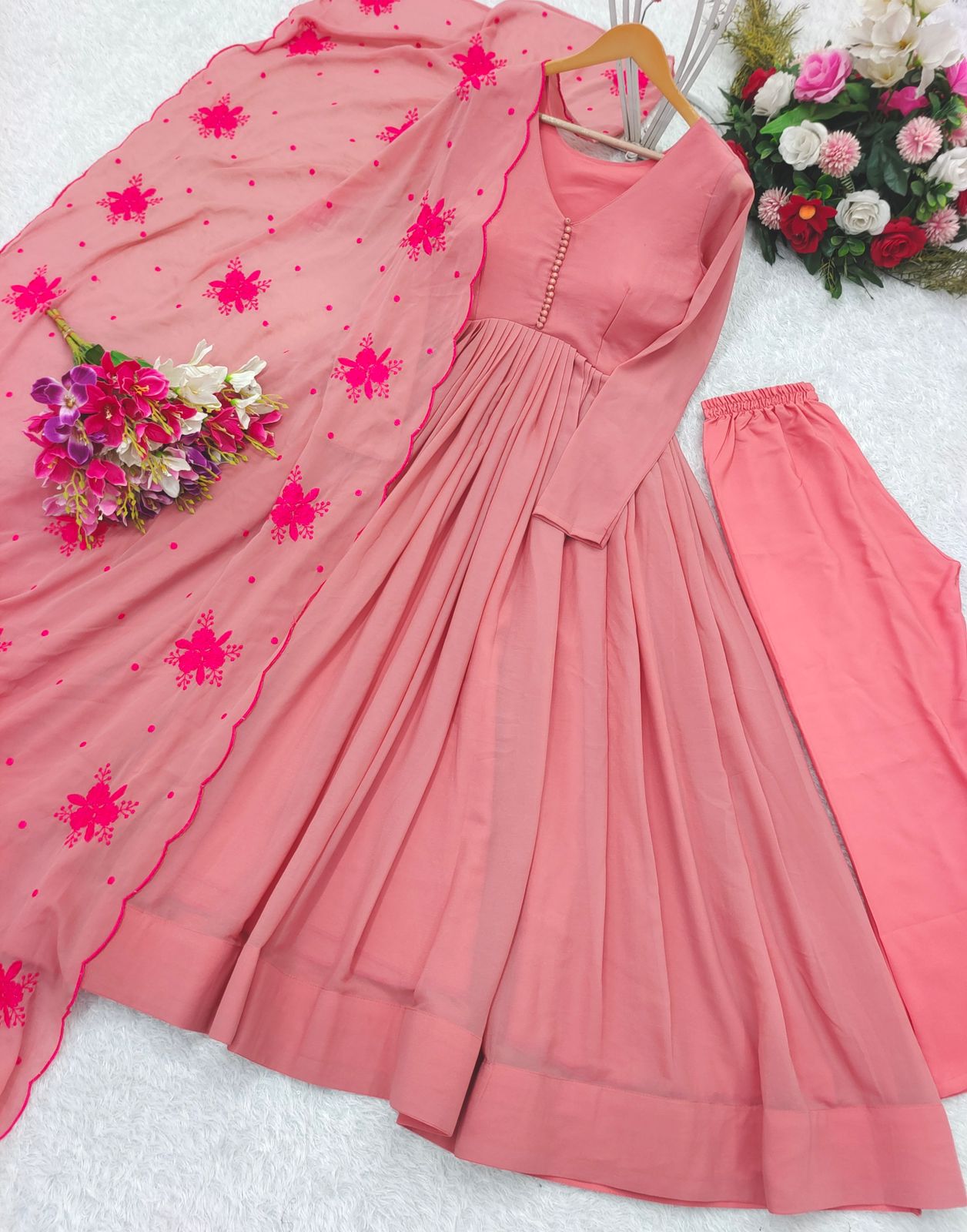 Casual Wear Baby Pink Color Georgette With 5 Meter Flair Designer Gown