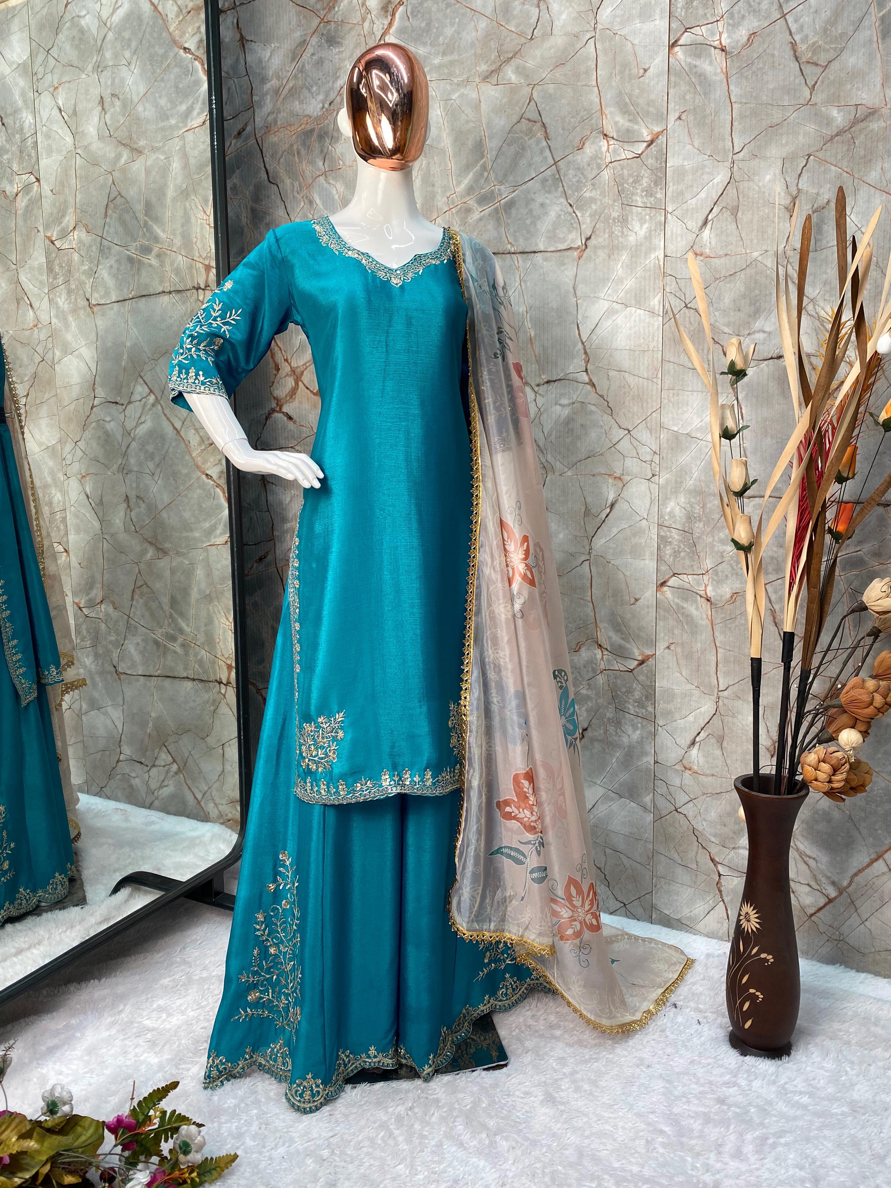 Opulent Sky Bue Color Chinon Sequence Embroidery Work Designer Sharara Suit