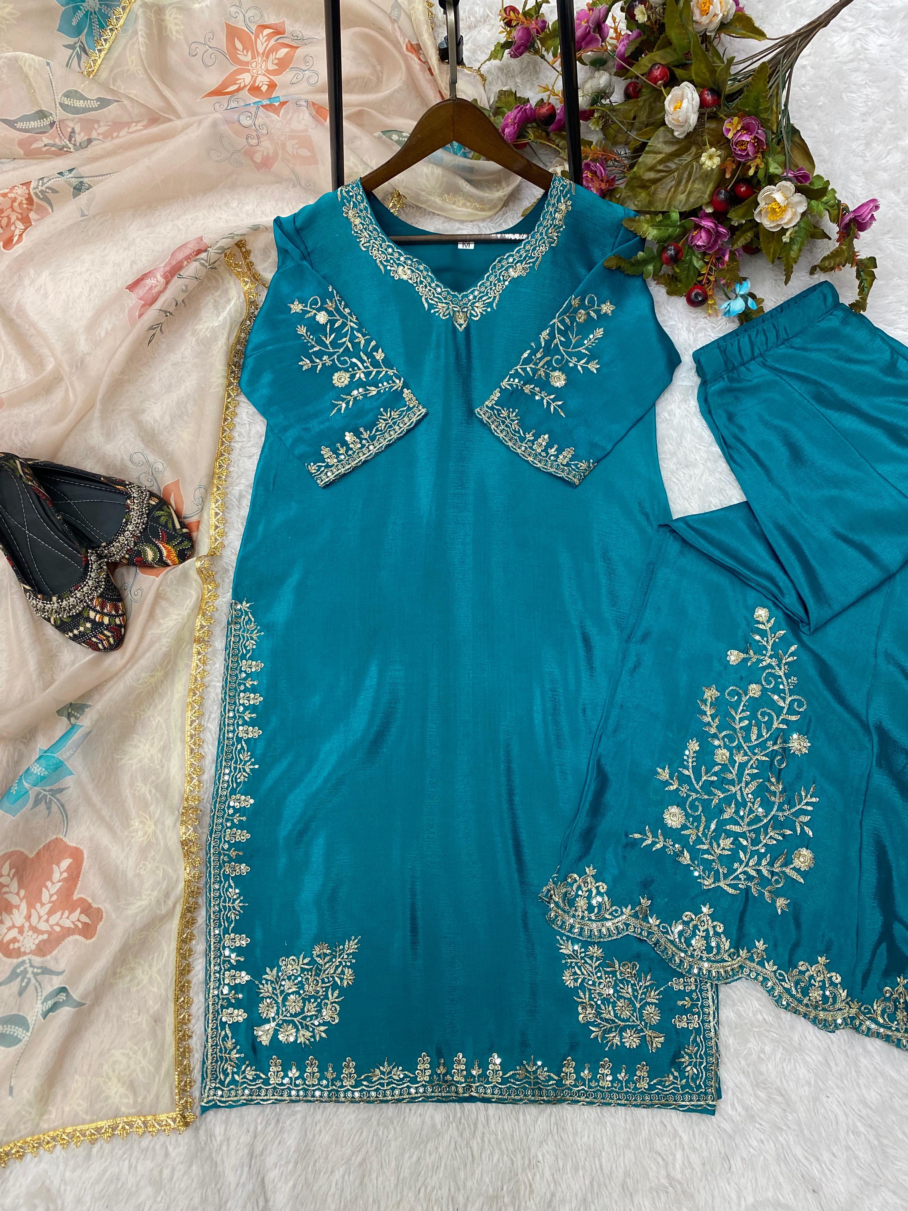 Opulent Sky Bue Color Chinon Sequence Embroidery Work Designer Sharara Suit