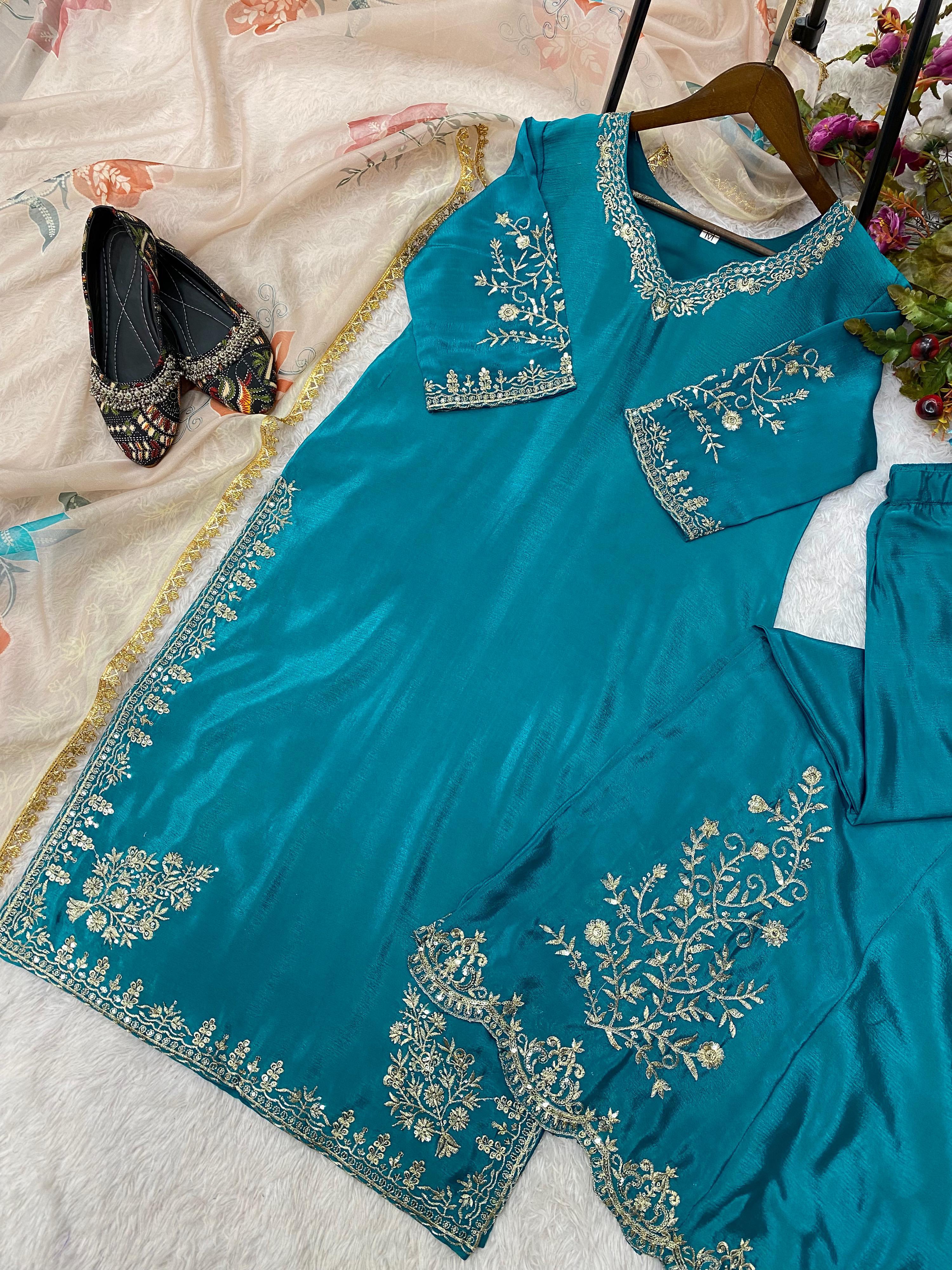 Opulent Sky Bue Color Chinon Sequence Embroidery Work Designer Sharara Suit