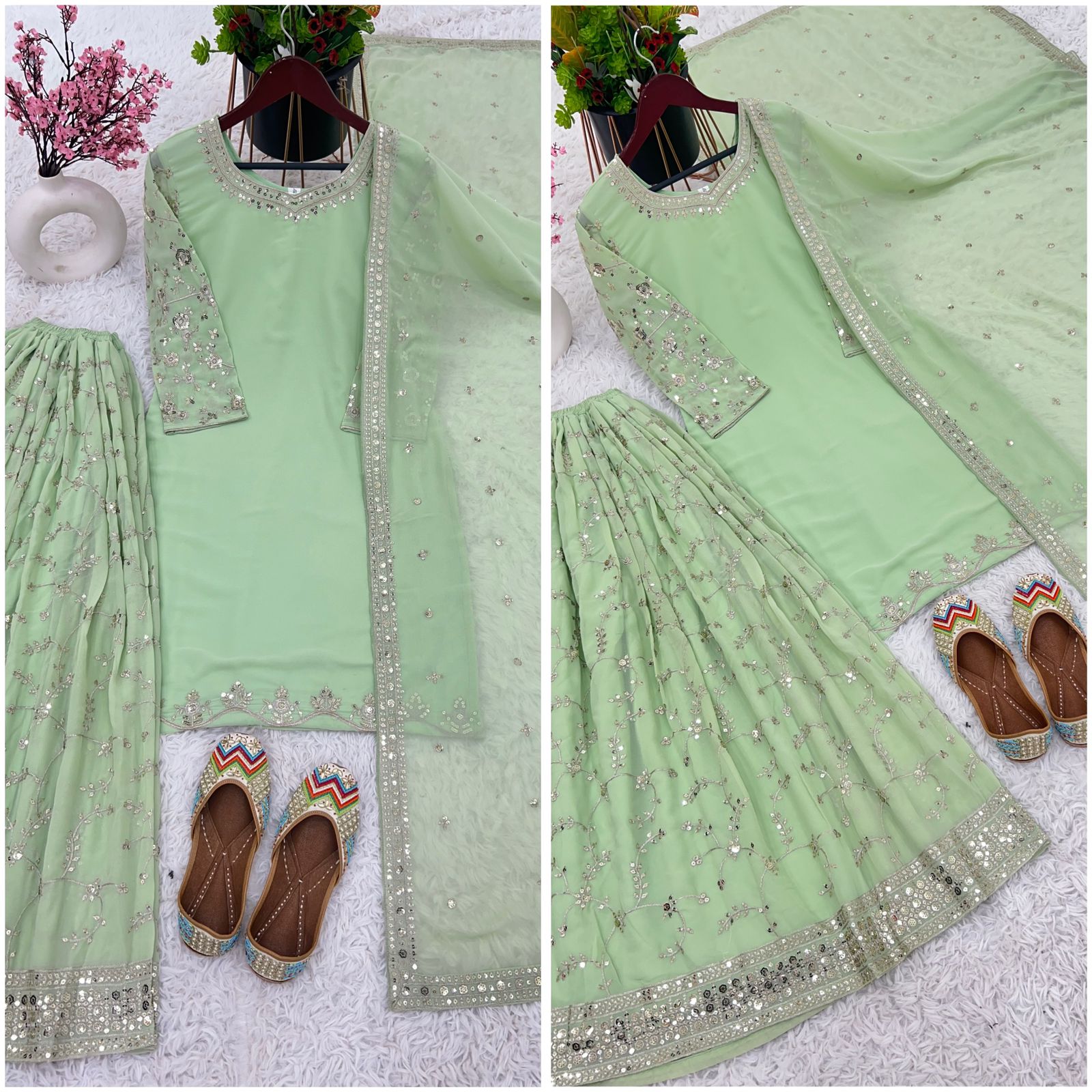 Beautiful Faux Georgette Heavy 5mm Embroidery Sequence Work Light Green Sharara Suit