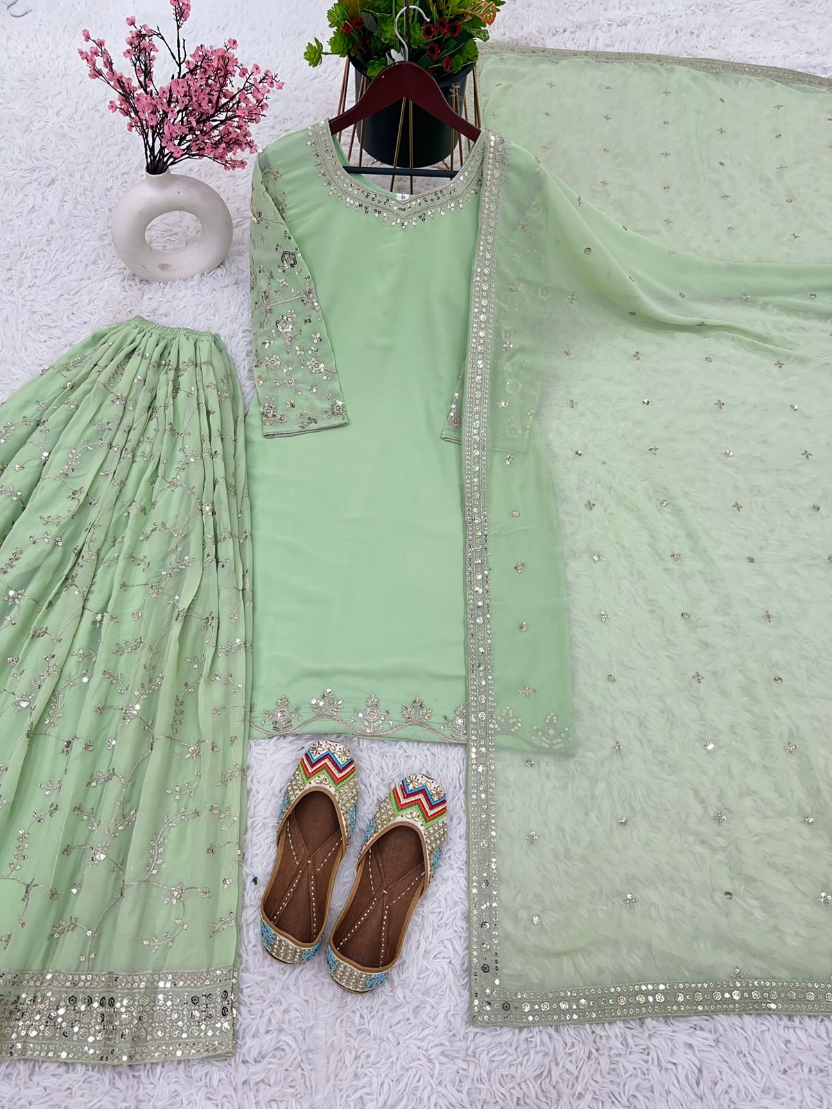 Beautiful Faux Georgette Heavy 5mm Embroidery Sequence Work Light Green Sharara Suit