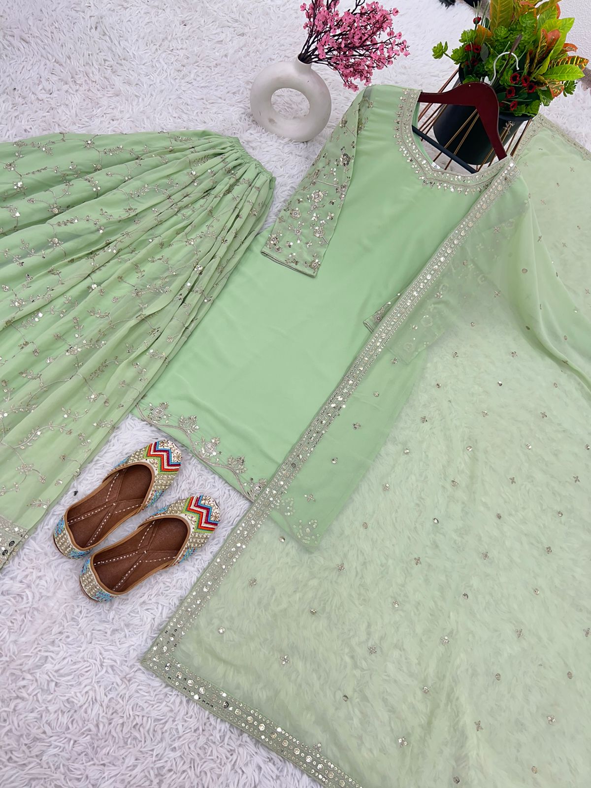 Beautiful Faux Georgette Heavy 5mm Embroidery Sequence Work Light Green Sharara Suit