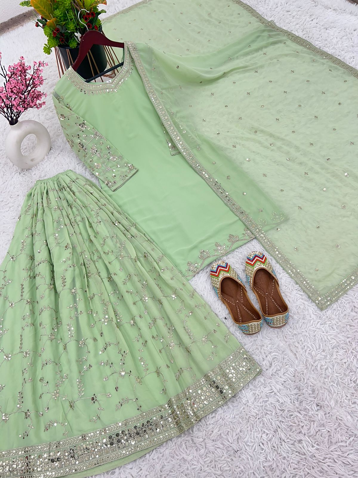 Beautiful Faux Georgette Heavy 5mm Embroidery Sequence Work Light Green Sharara Suit