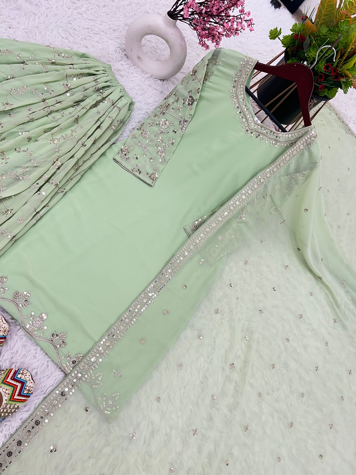 Beautiful Faux Georgette Heavy 5mm Embroidery Sequence Work Light Green Sharara Suit