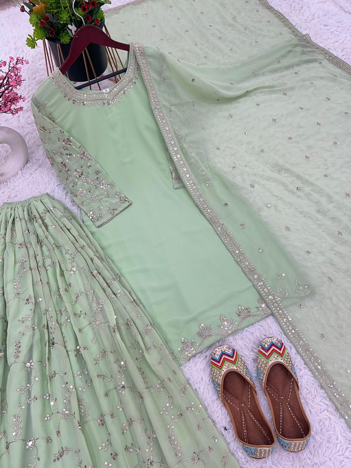 Beautiful Faux Georgette Heavy 5mm Embroidery Sequence Work Light Green Sharara Suit