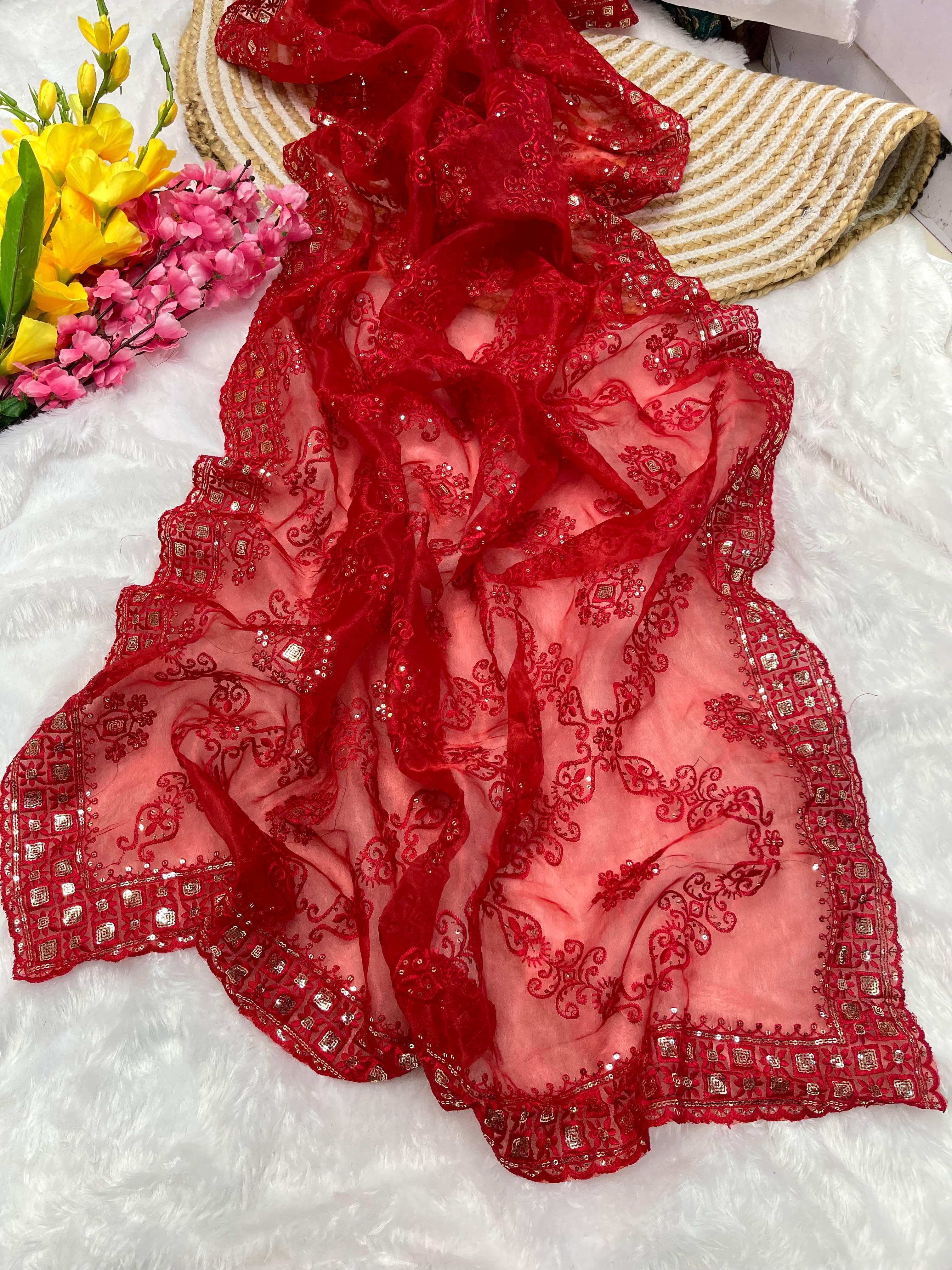 Bollywood Wear Red Color Pure Soft Organza Silk Saree