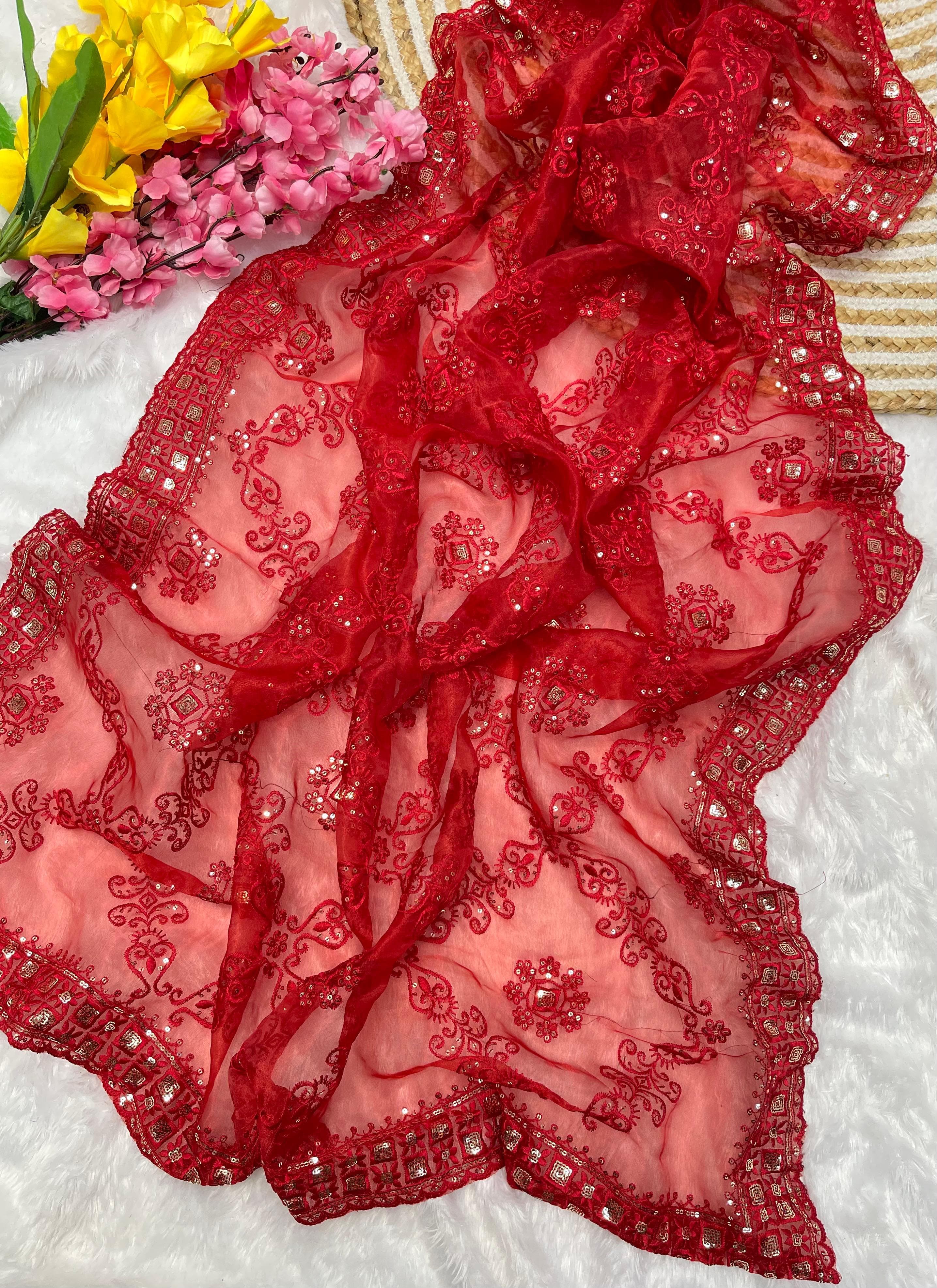 Bollywood Wear Red Color Pure Soft Organza Silk Saree