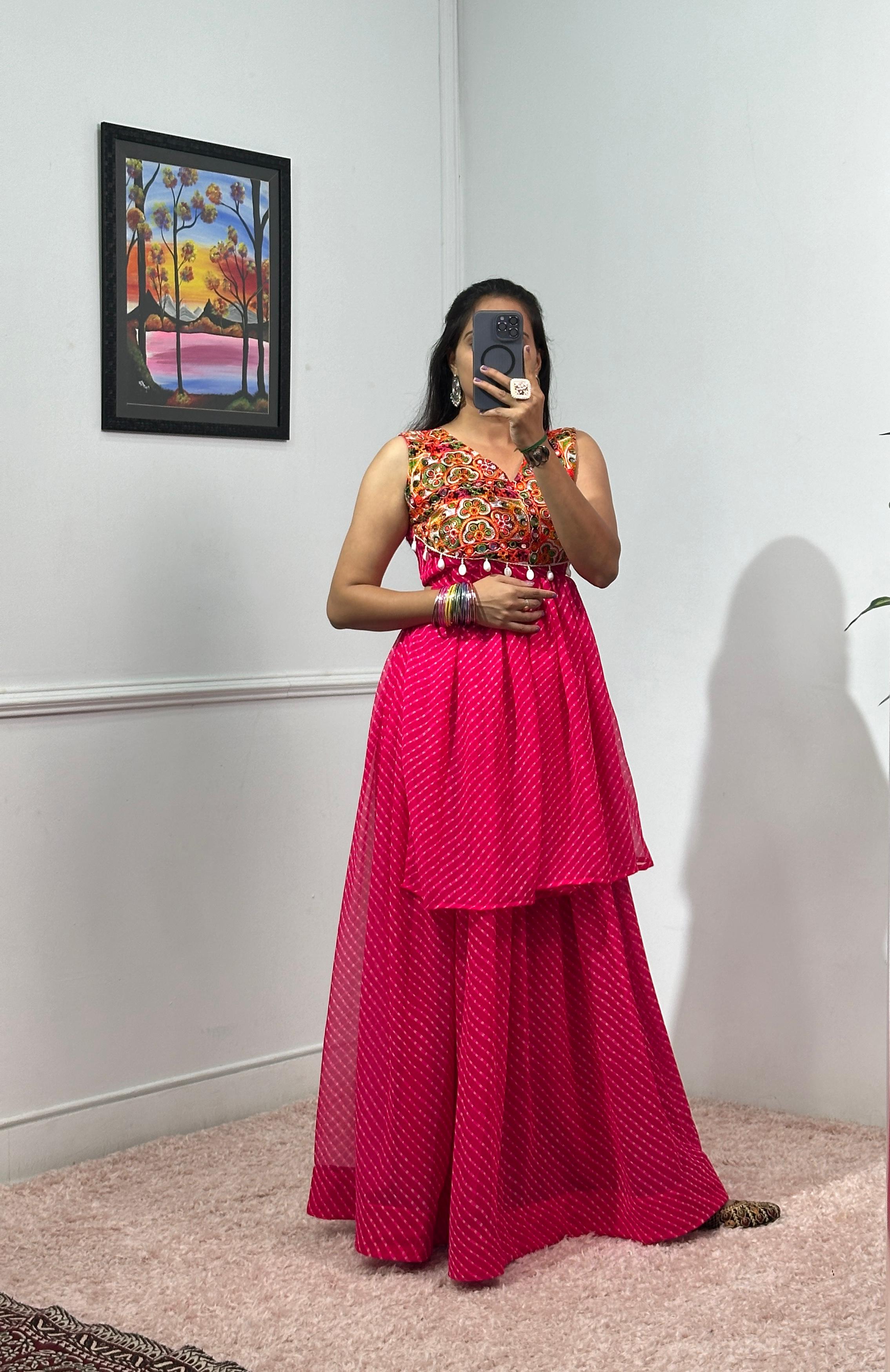 Garba Wear Pink Color Printed Faux Georgette With Meter Top With Lehenga