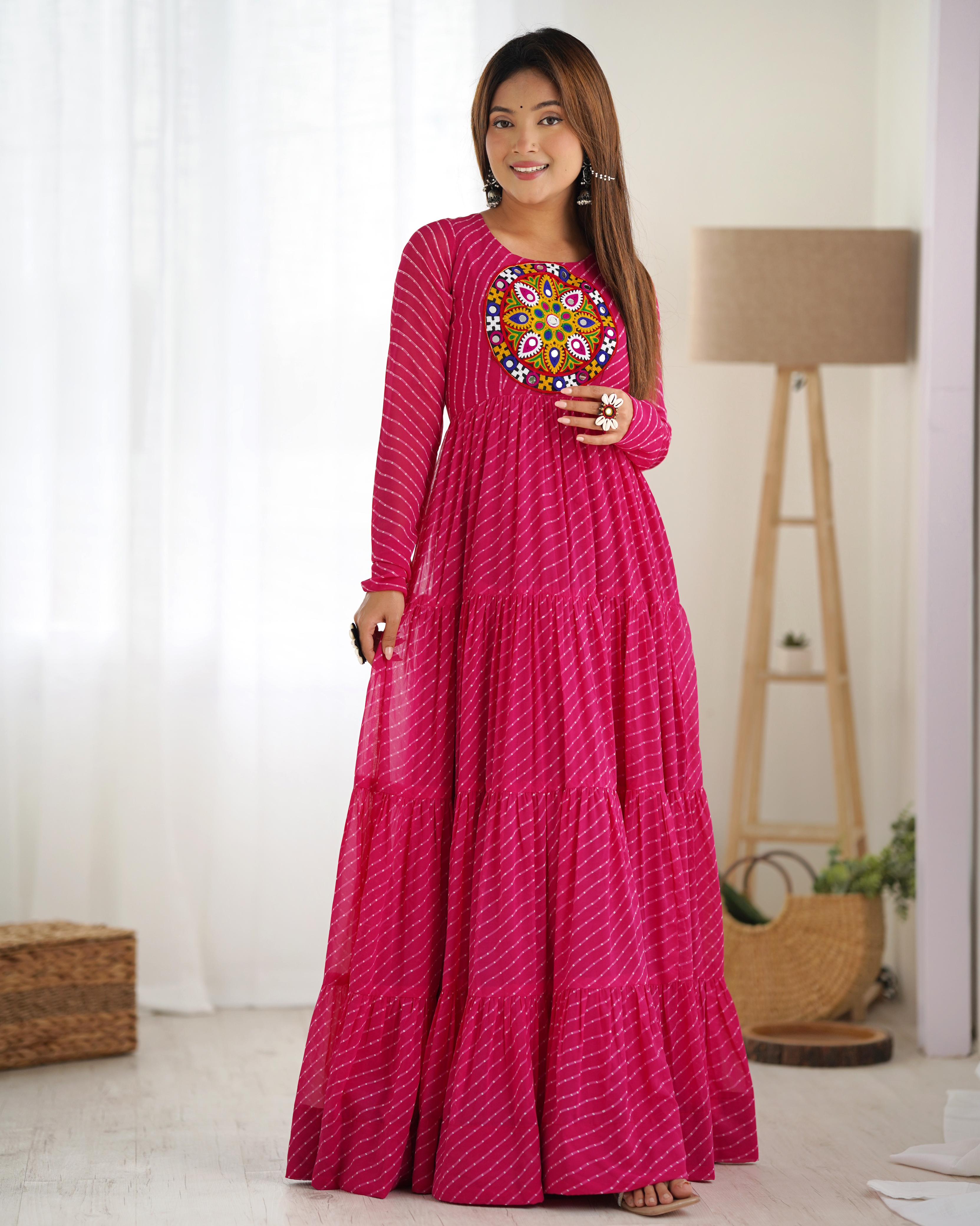 Navratri Wear Pink Color Heavy Pure Soft Fox Georgette Laheriya Print Anarkali Gown