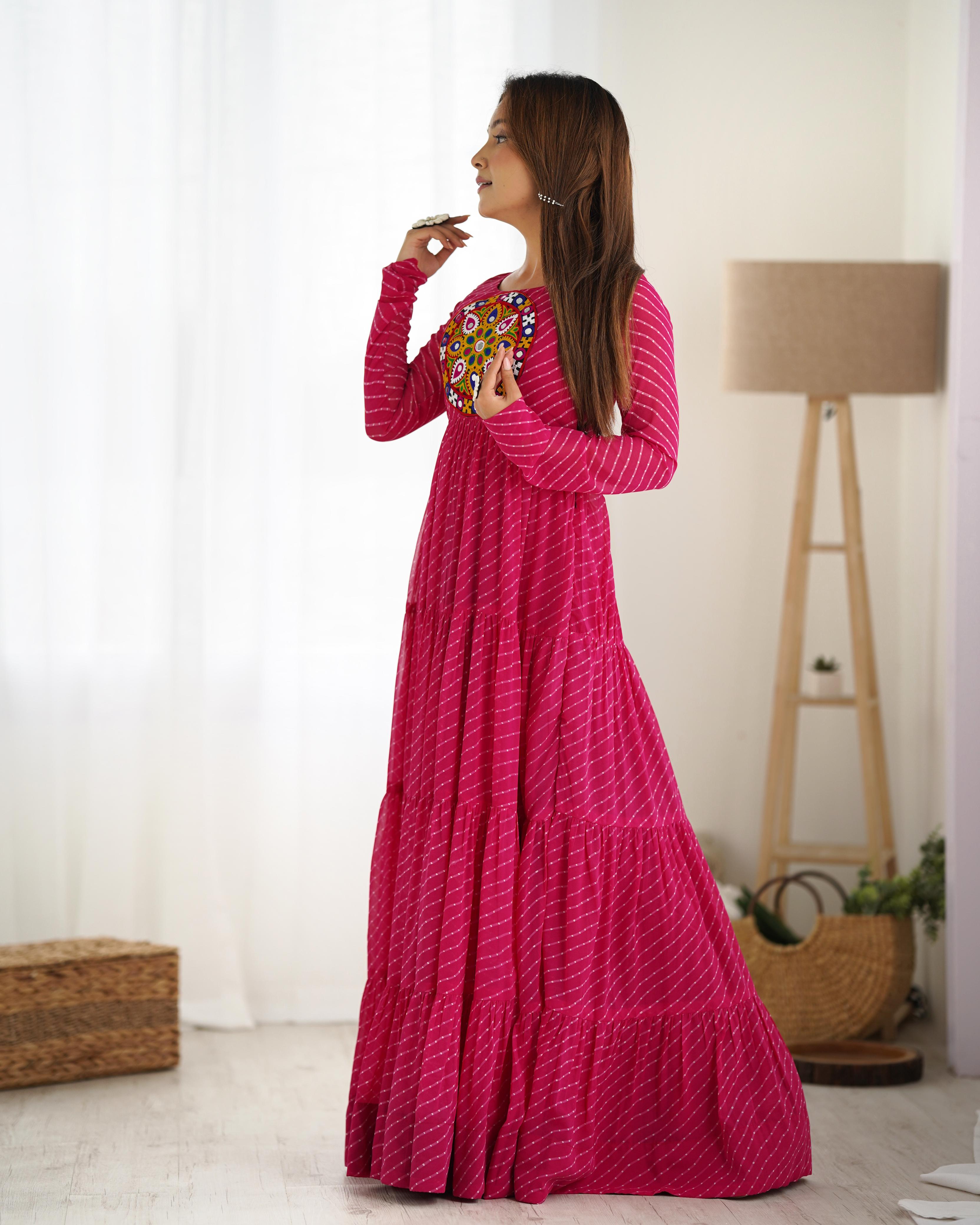 Navratri Wear Pink Color Heavy Pure Soft Fox Georgette Laheriya Print Anarkali Gown