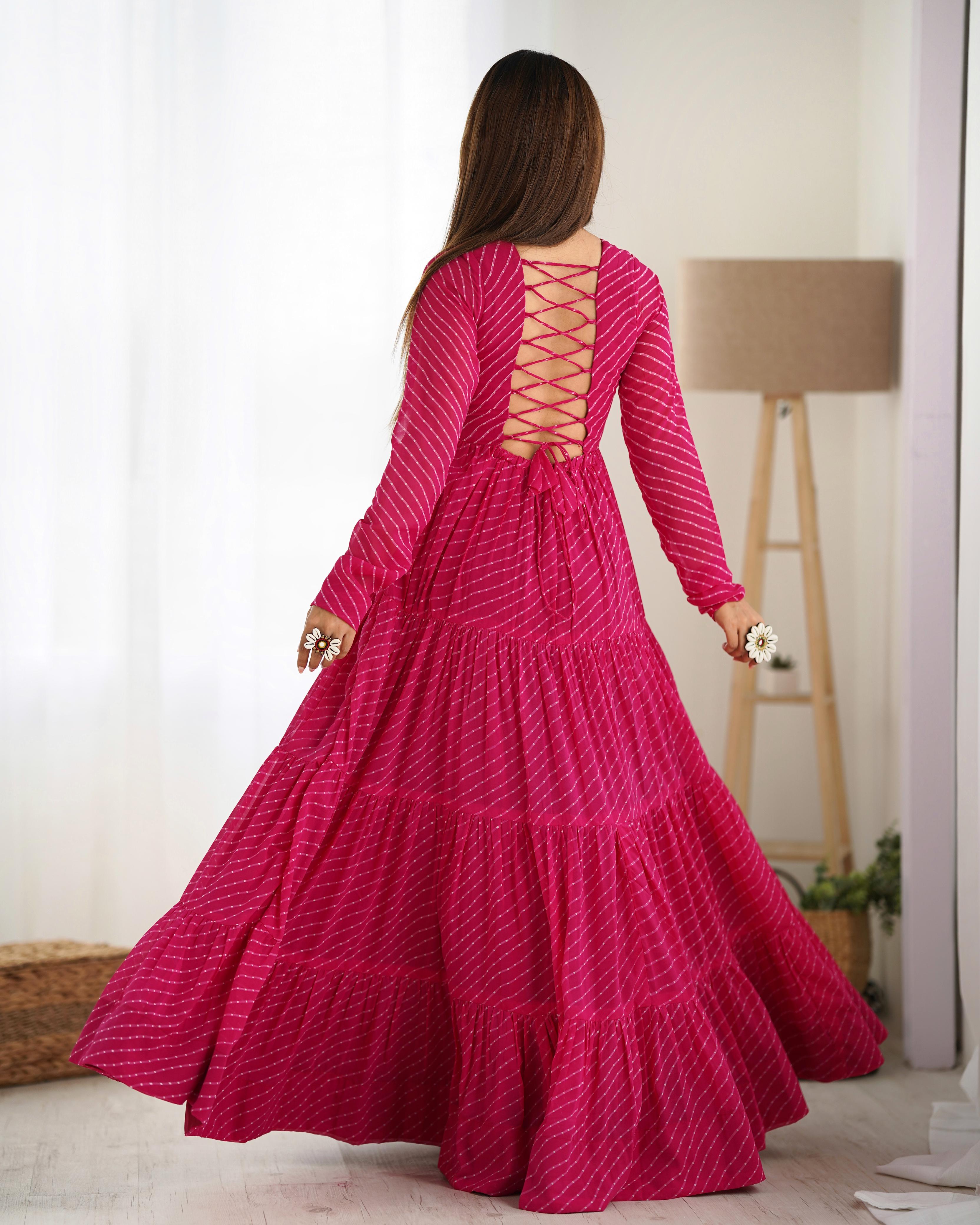 Navratri Wear Pink Color Heavy Pure Soft Fox Georgette Laheriya Print Anarkali Gown