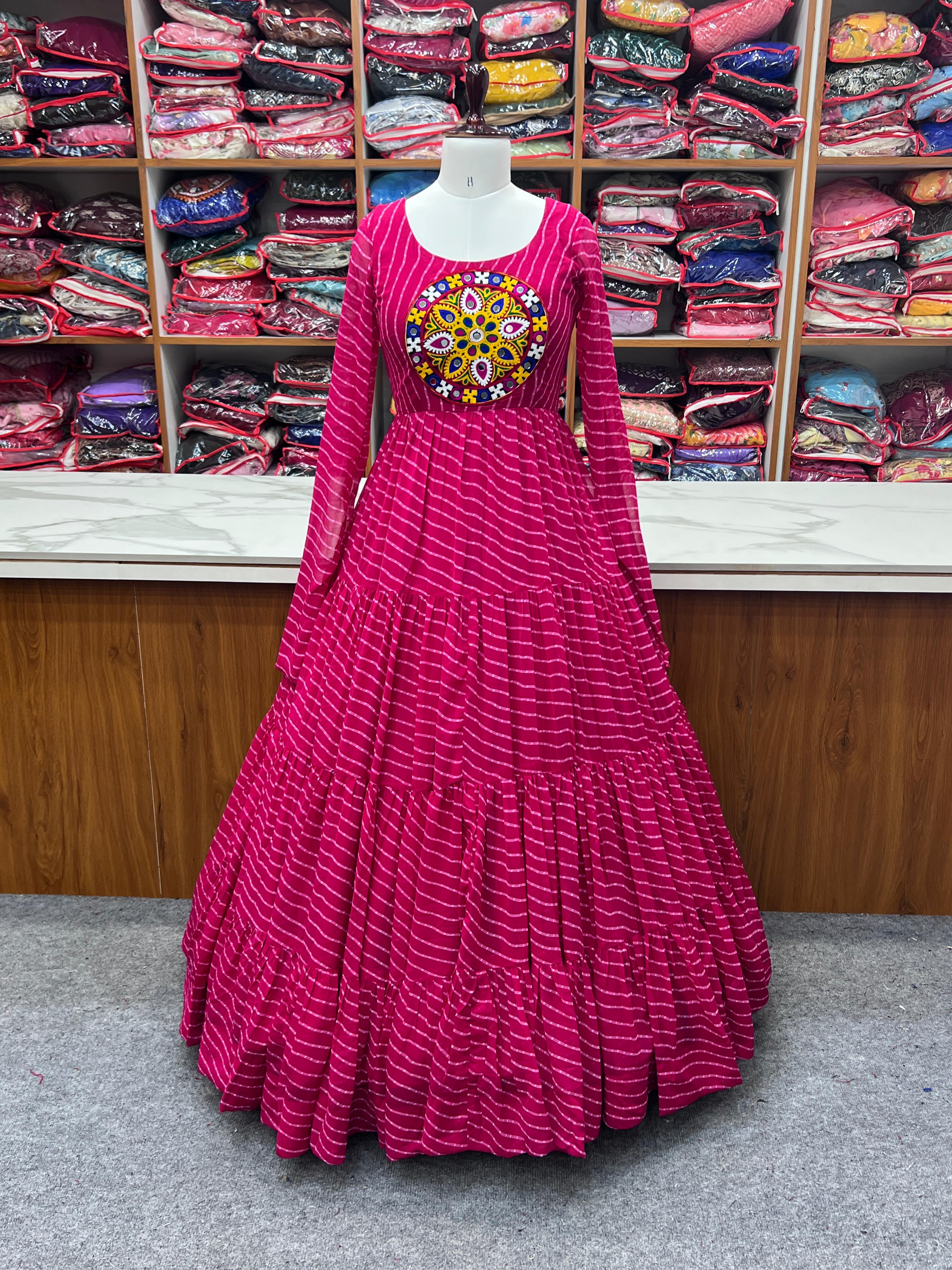 Navratri Wear Pink Color Heavy Pure Soft Fox Georgette Laheriya Print Anarkali Gown