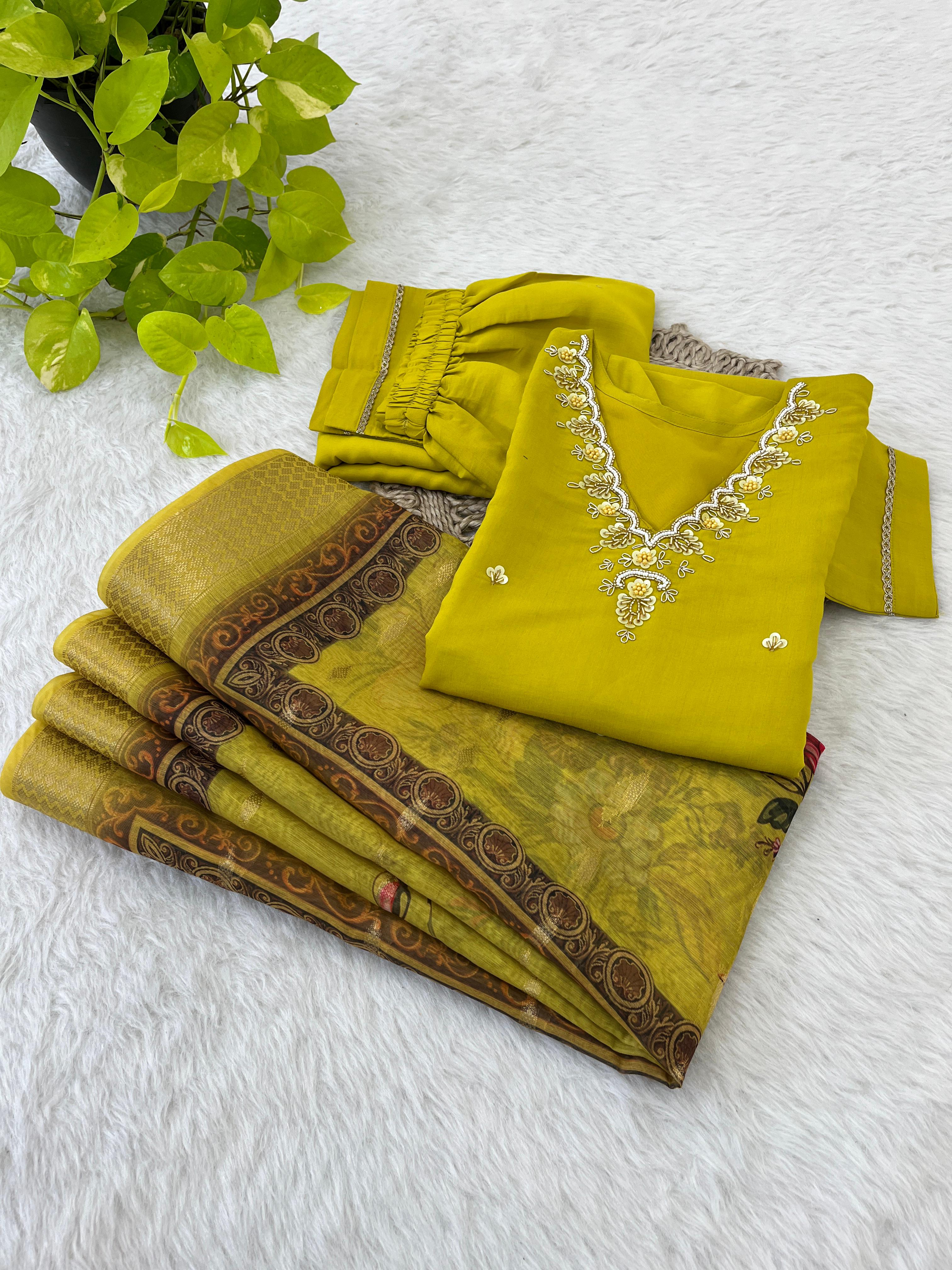 Wedding Wear Mustard Color Premium Roman Silk Soft Fabric With Handwork Neck Kurti Set