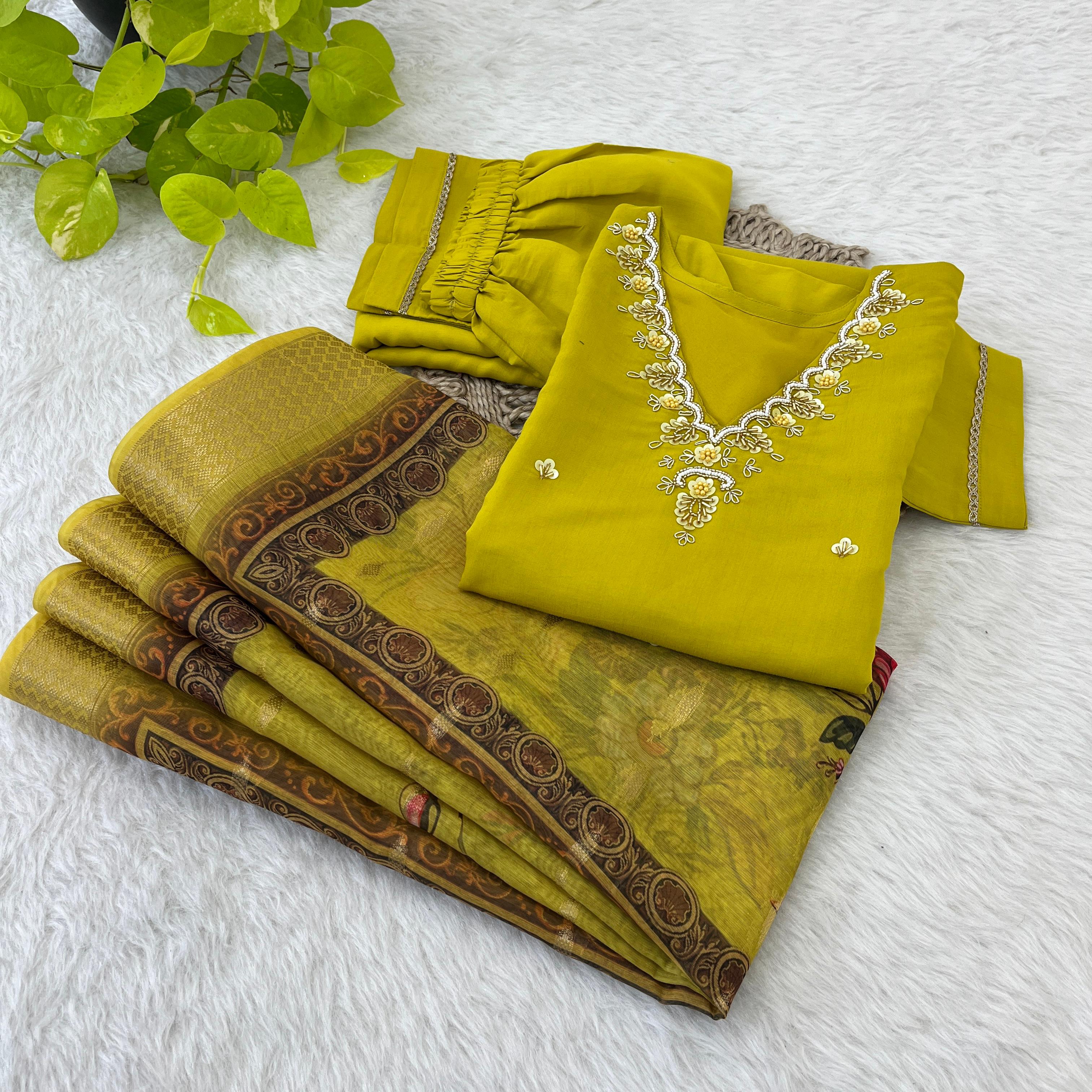 Wedding Wear Mustard Color Premium Roman Silk Soft Fabric With Handwork Neck Kurti Set