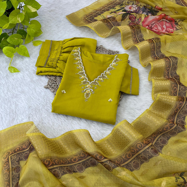 Wedding Wear Mustard Color Premium Roman Silk Soft Fabric With Handwork Neck Kurti Set