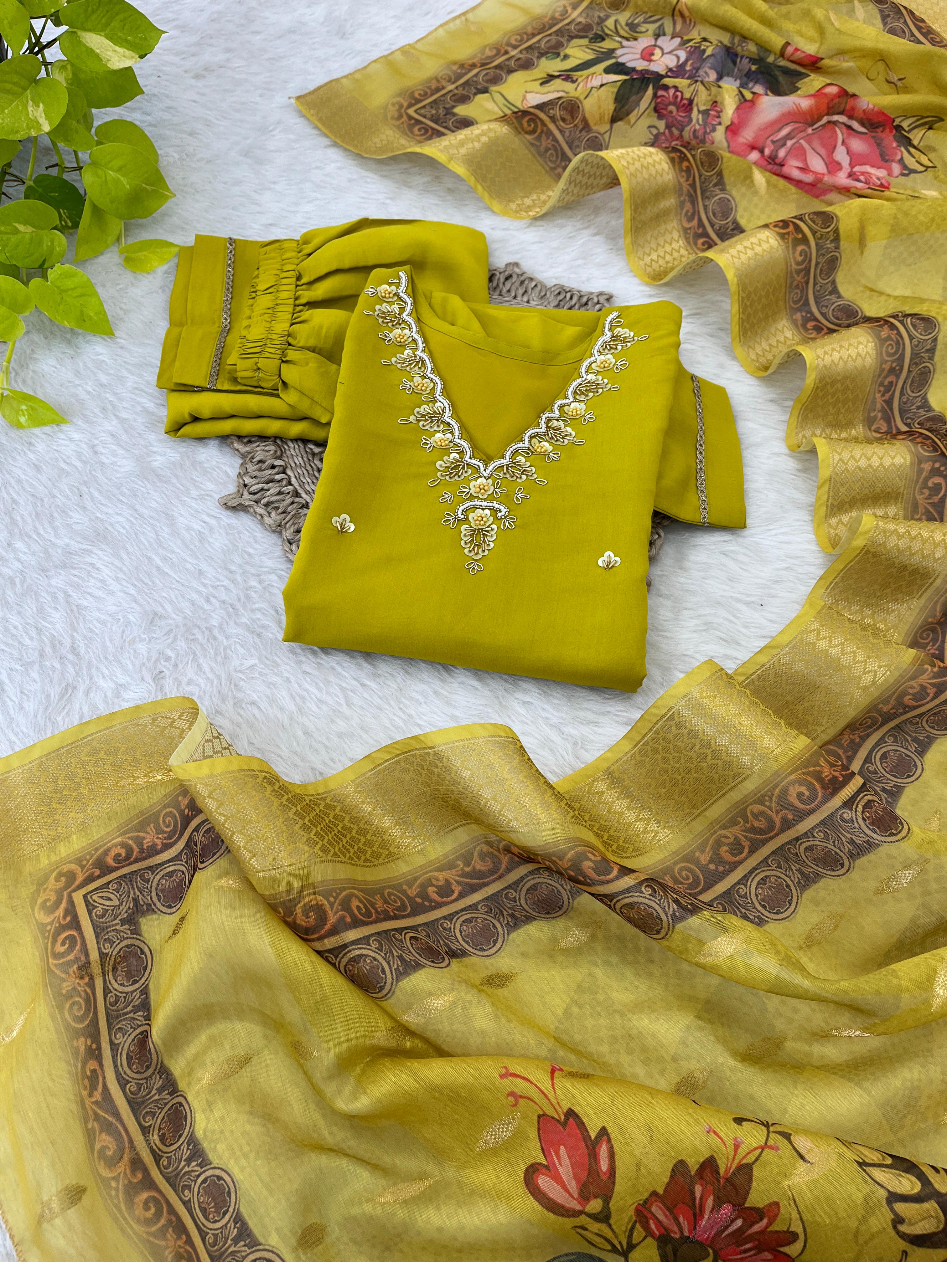 Wedding Wear Mustard Color Premium Roman Silk Soft Fabric With Handwork Neck Kurti Set