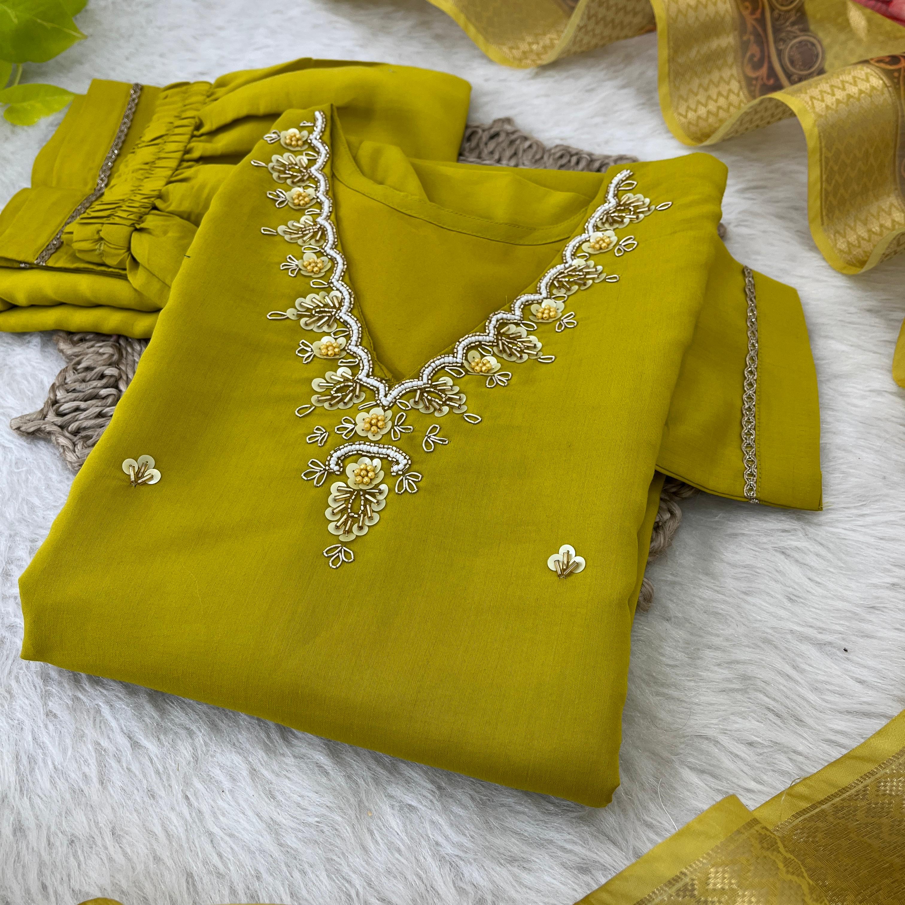 Wedding Wear Mustard Color Premium Roman Silk Soft Fabric With Handwork Neck Kurti Set