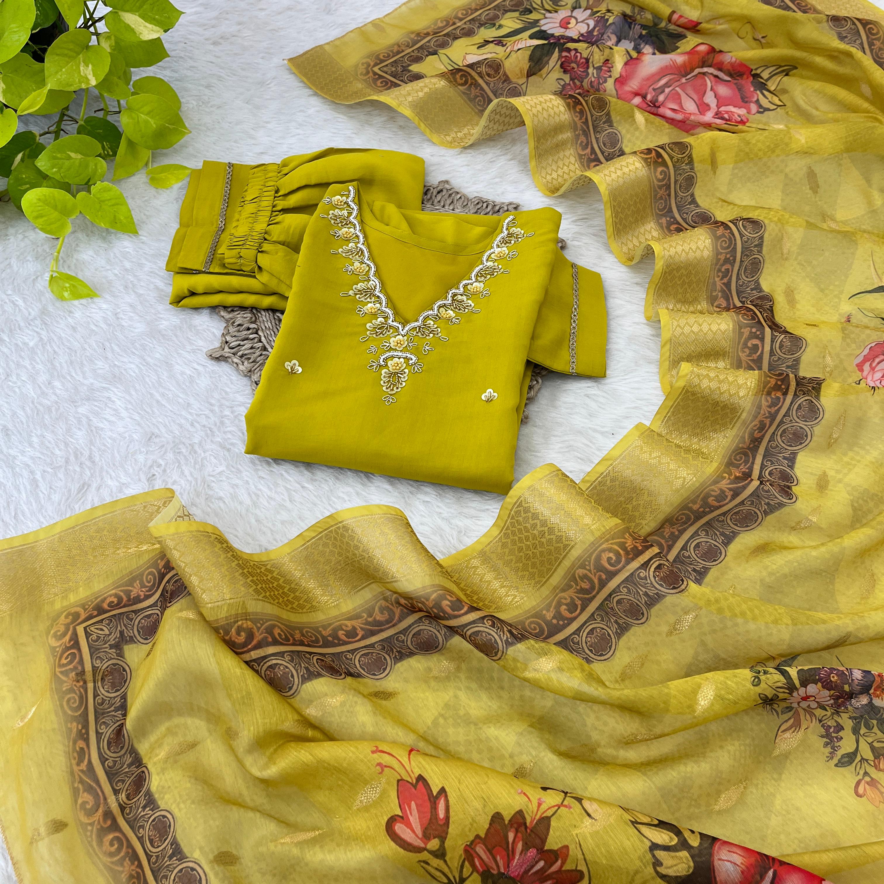 Wedding Wear Mustard Color Premium Roman Silk Soft Fabric With Handwork Neck Kurti Set