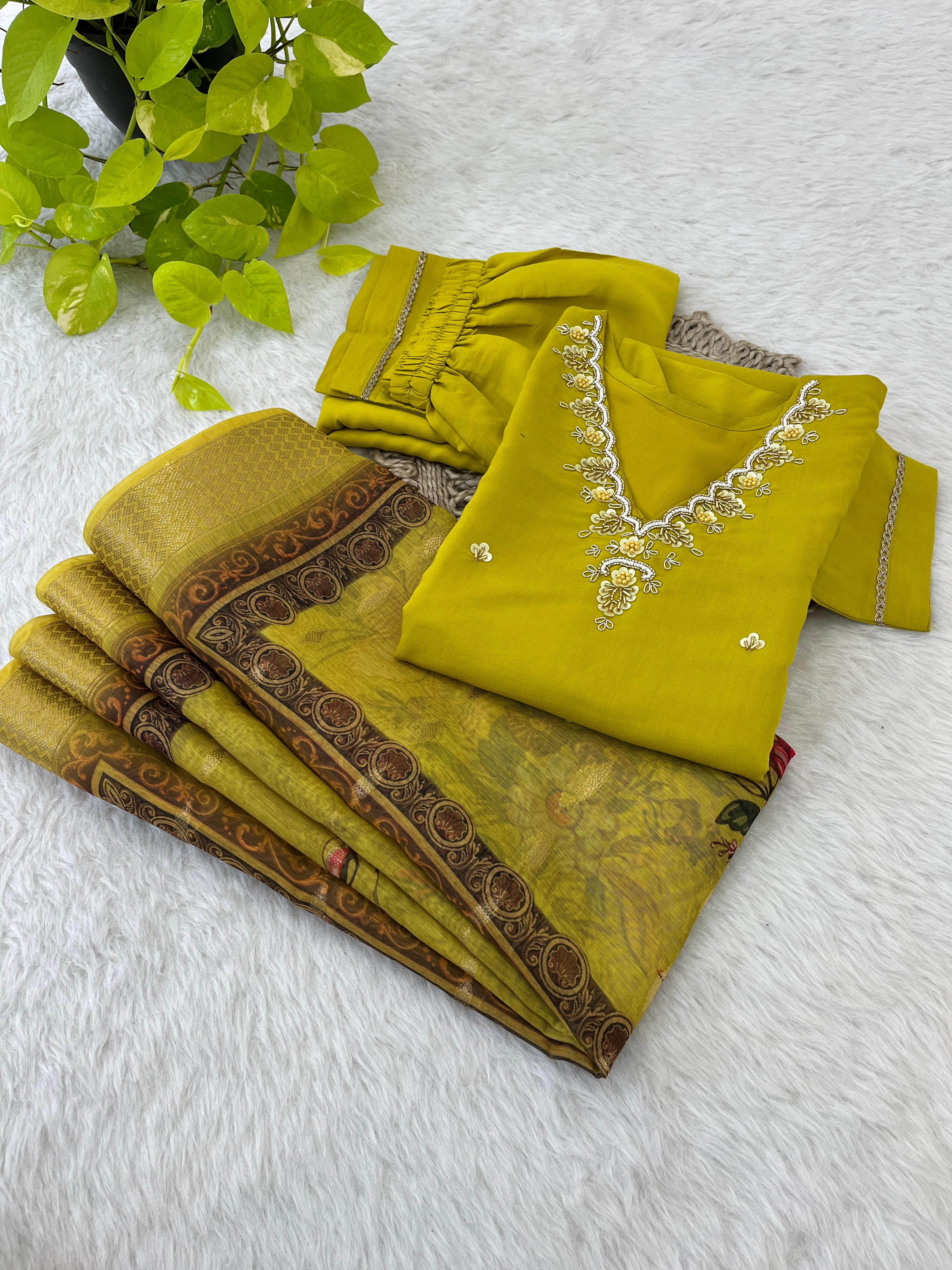 Wedding Wear Mustard Color Premium Roman Silk Soft Fabric With Handwork Neck Kurti Set