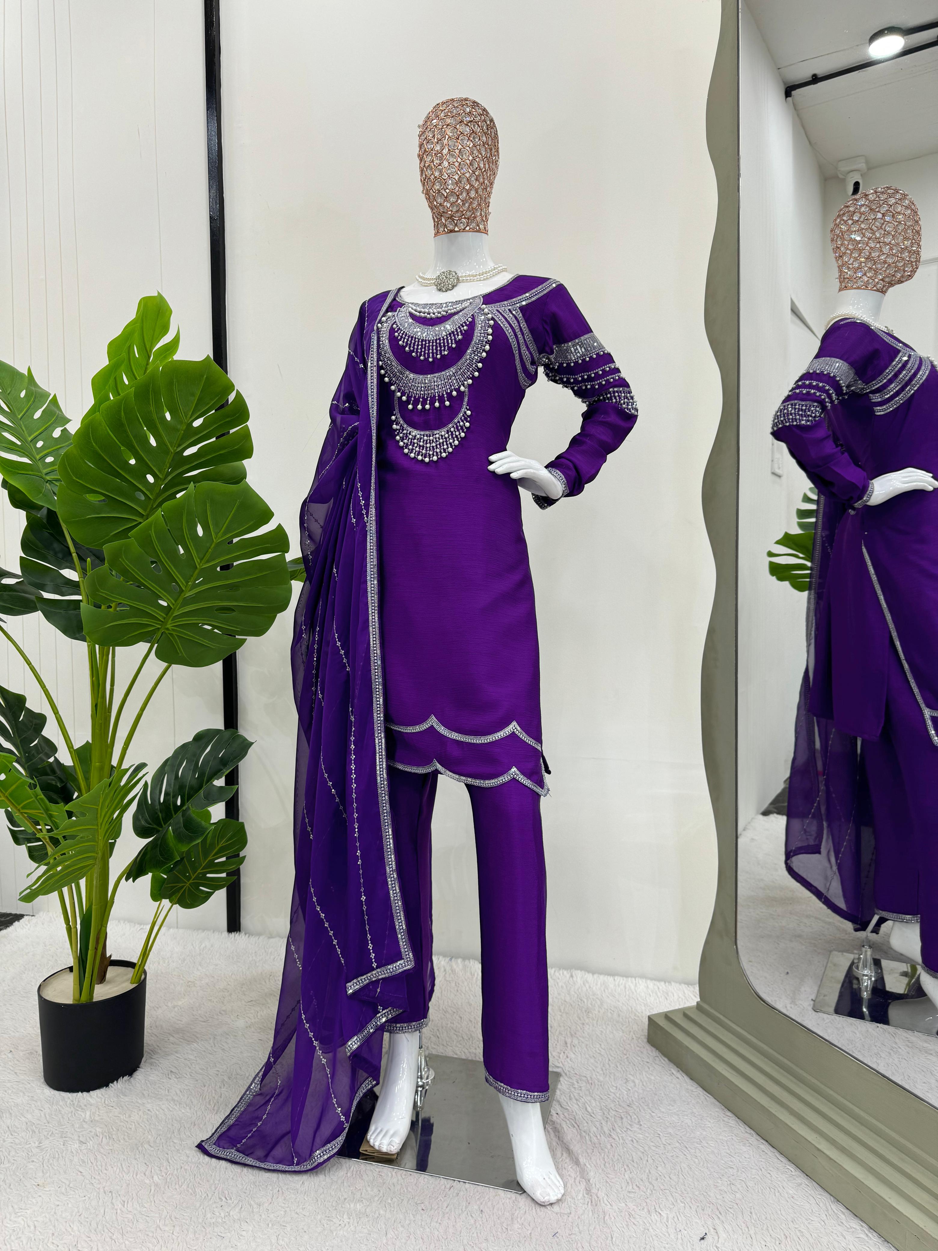 Bollywood Wear Purple Color Chinon Silk Thread And Sequence With Rivet Moti Designer Salwar Suit