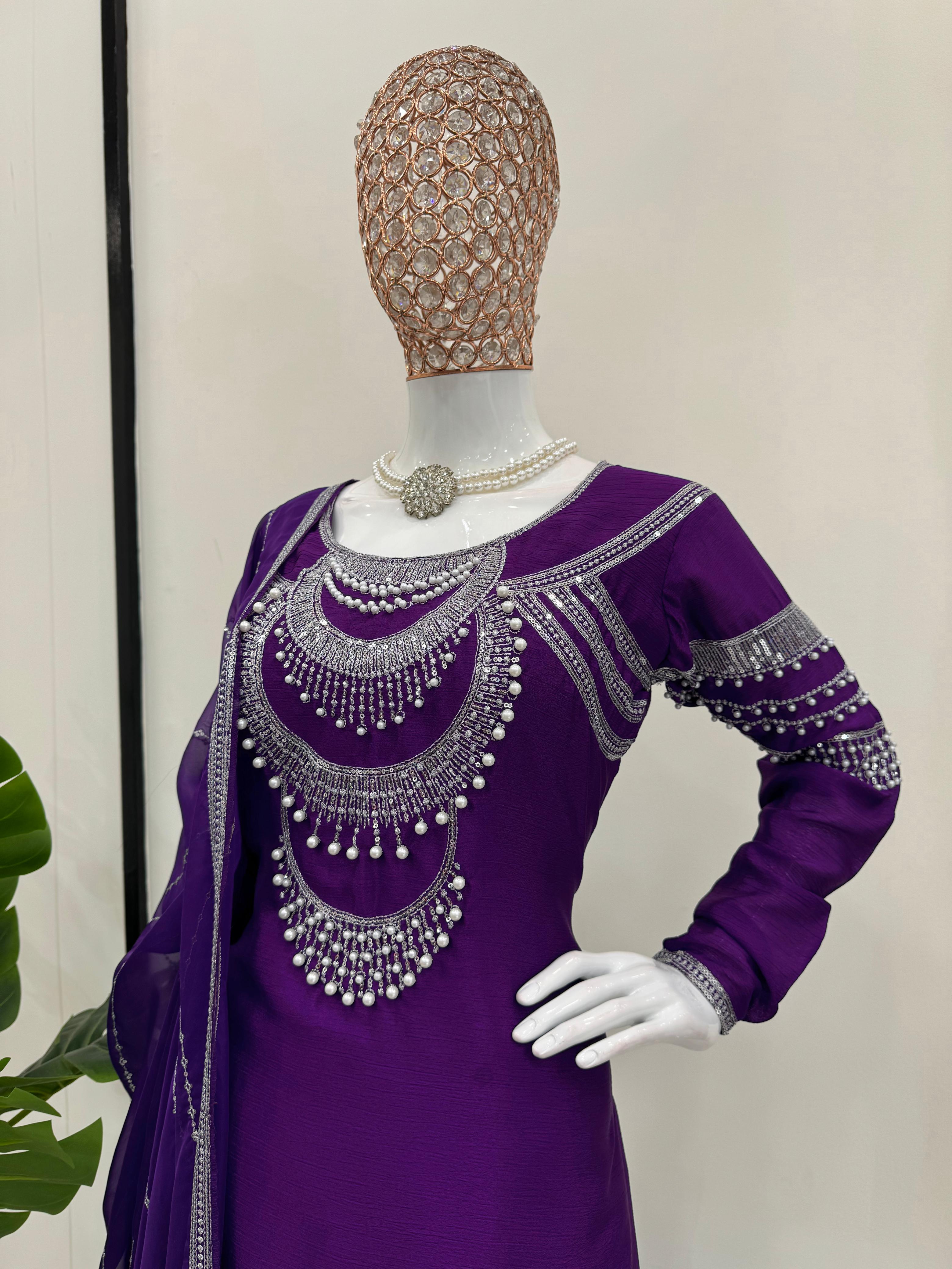 Bollywood Wear Purple Color Chinon Silk Thread And Sequence With Rivet Moti Designer Salwar Suit