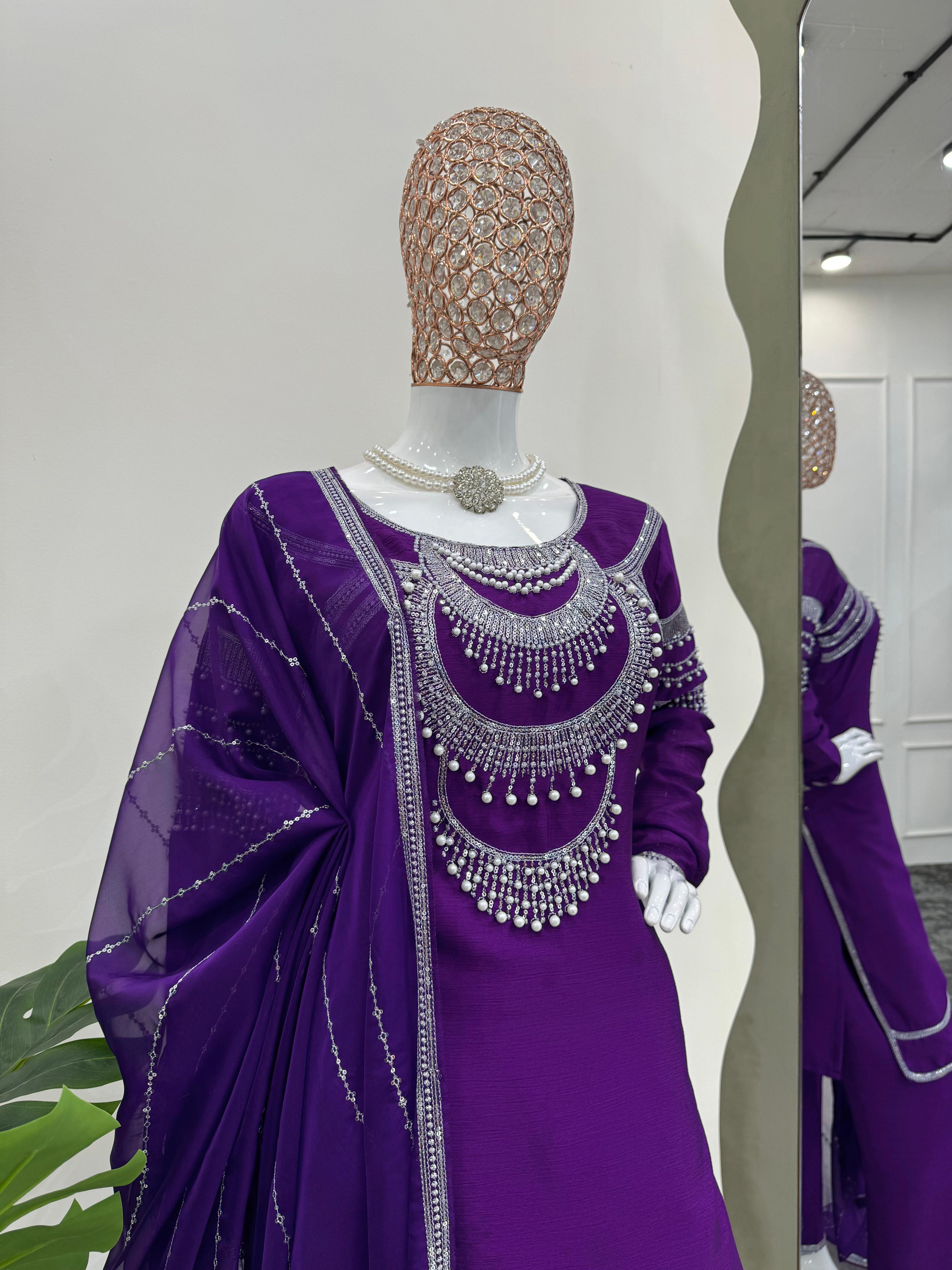 Bollywood Wear Purple Color Chinon Silk Thread And Sequence With Rivet Moti Designer Salwar Suit