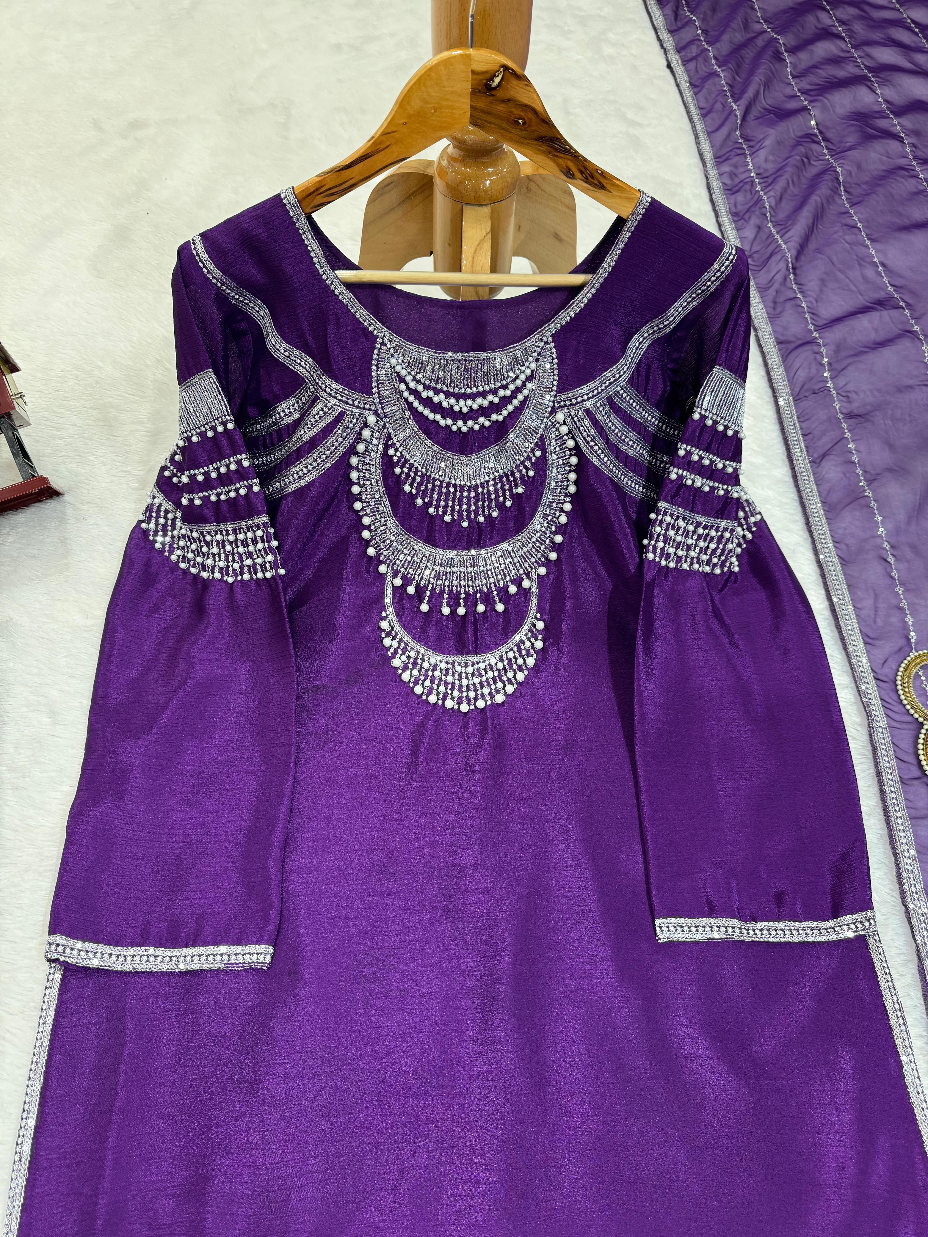 Bollywood Wear Purple Color Chinon Silk Thread And Sequence With Rivet Moti Designer Salwar Suit