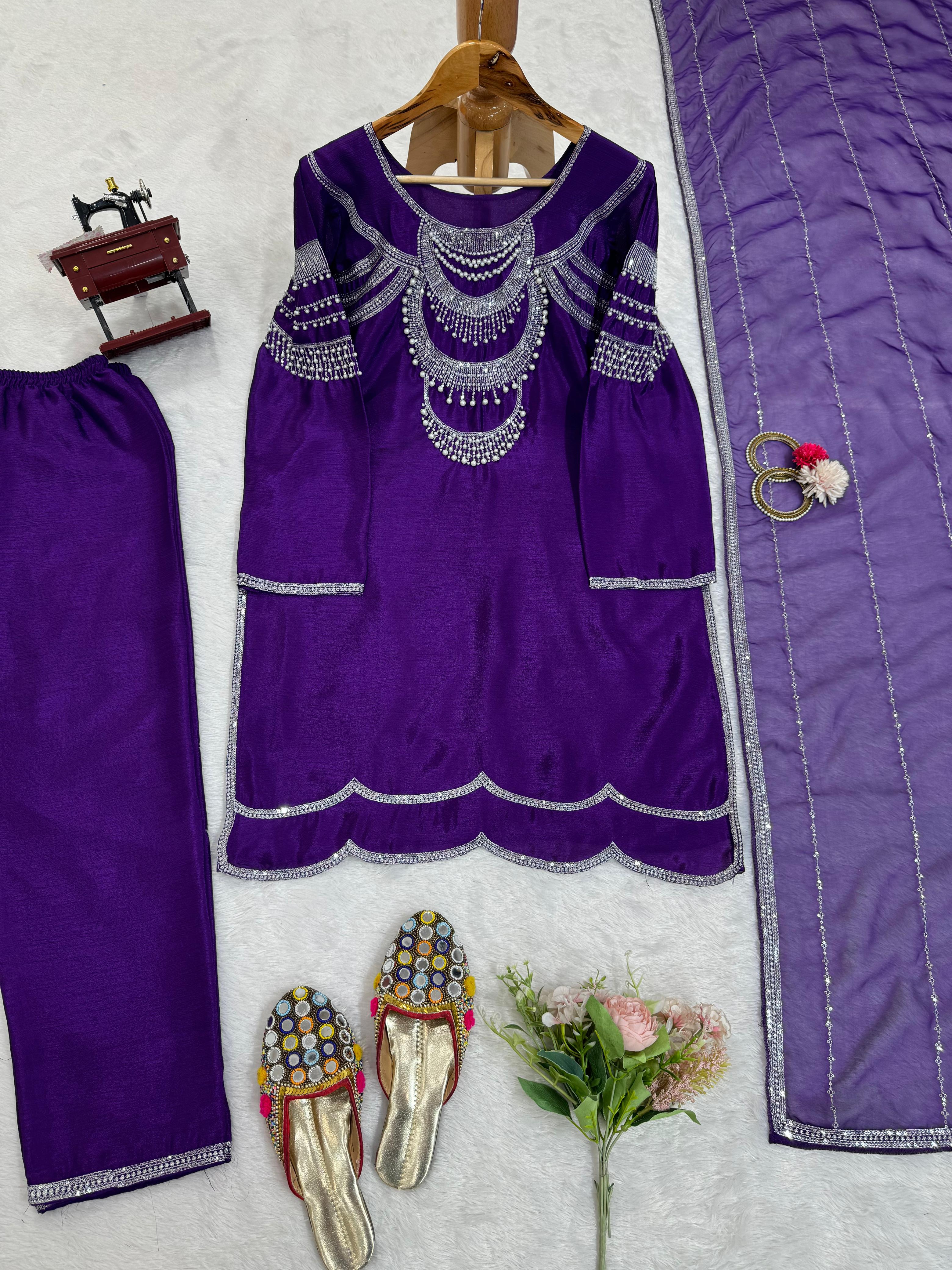 Bollywood Wear Purple Color Chinon Silk Thread And Sequence With Rivet Moti Designer Salwar Suit