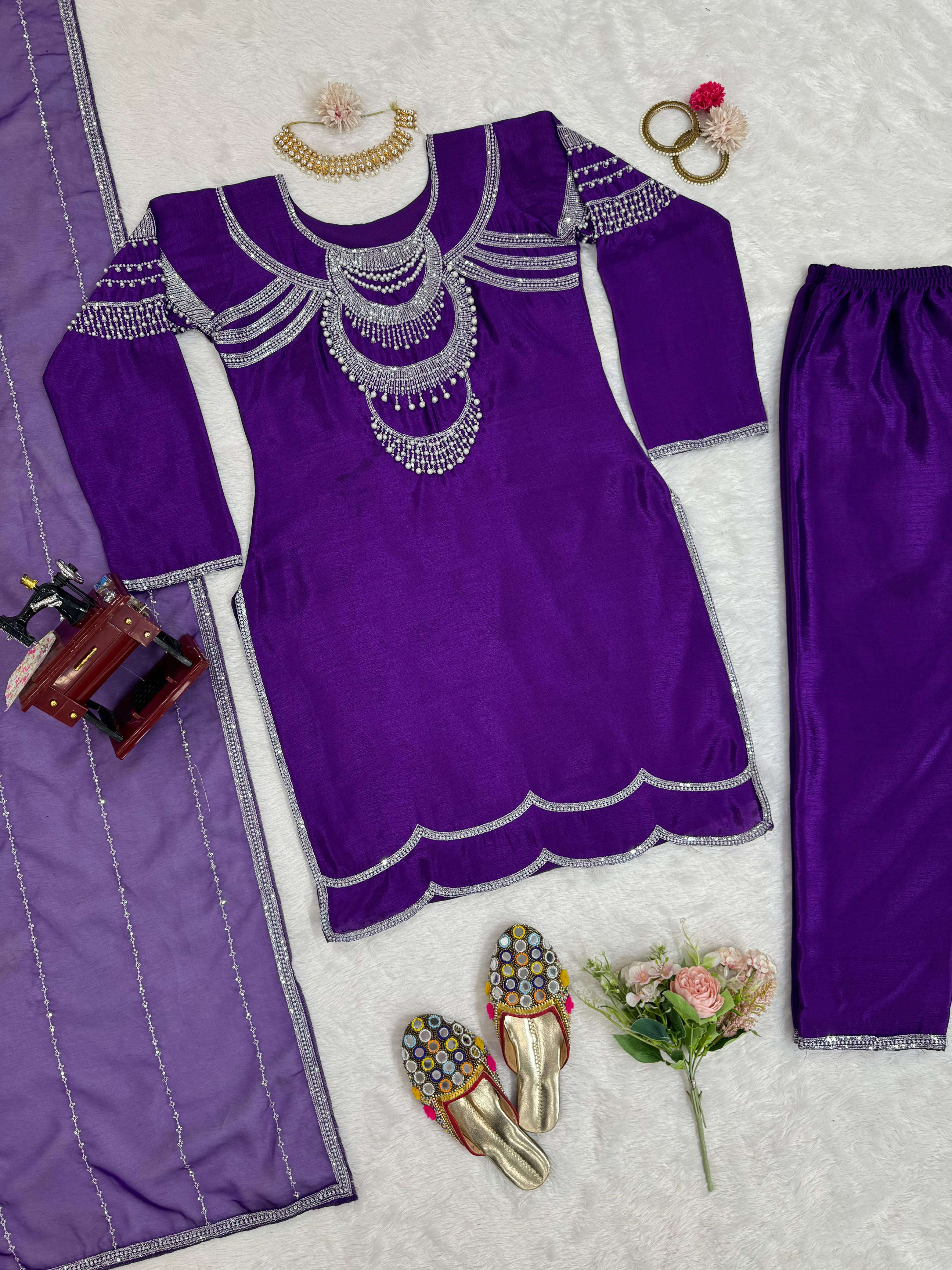 Bollywood Wear Purple Color Chinon Silk Thread And Sequence With Rivet Moti Designer Salwar Suit