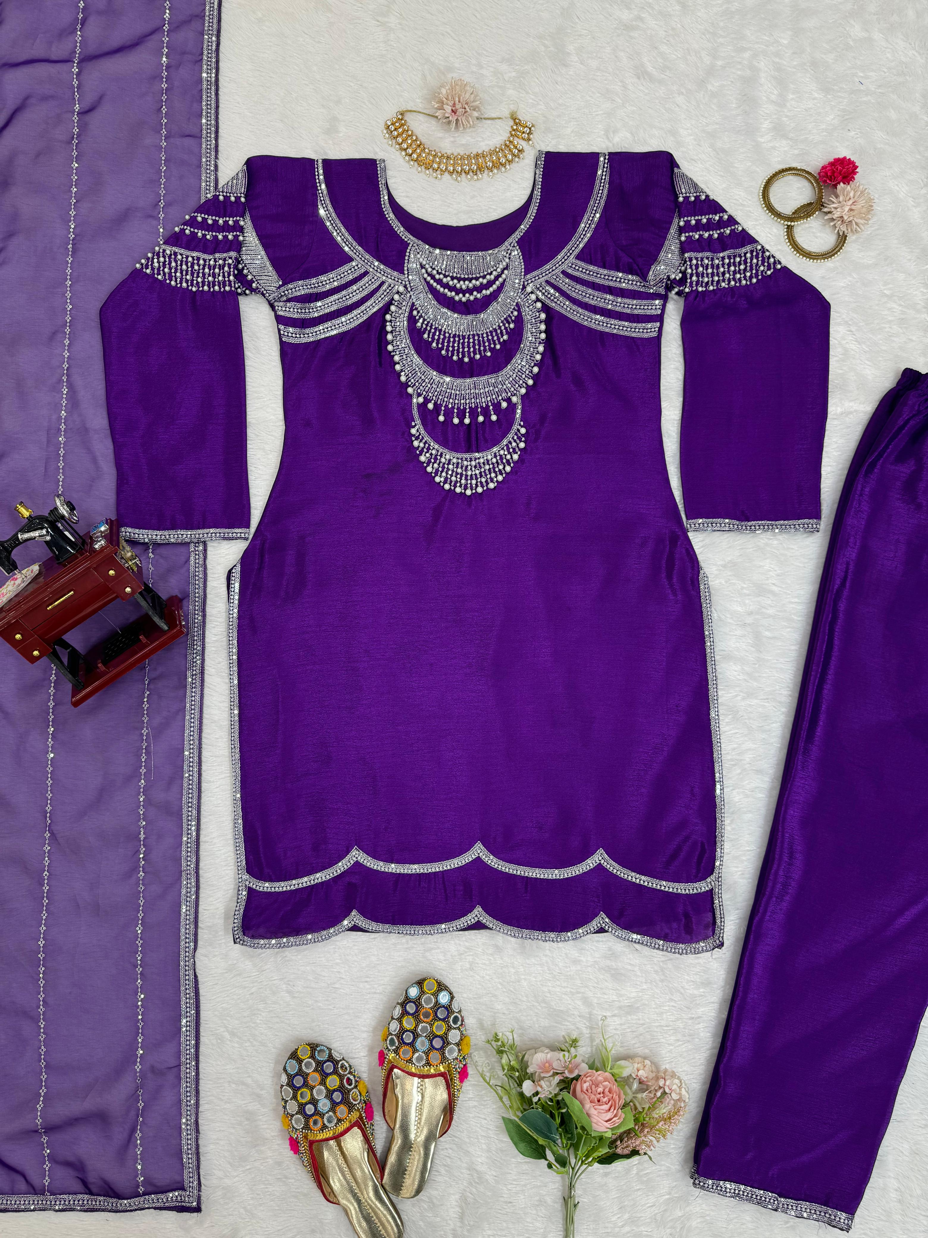 Bollywood Wear Purple Color Chinon Silk Thread And Sequence With Rivet Moti Designer Salwar Suit