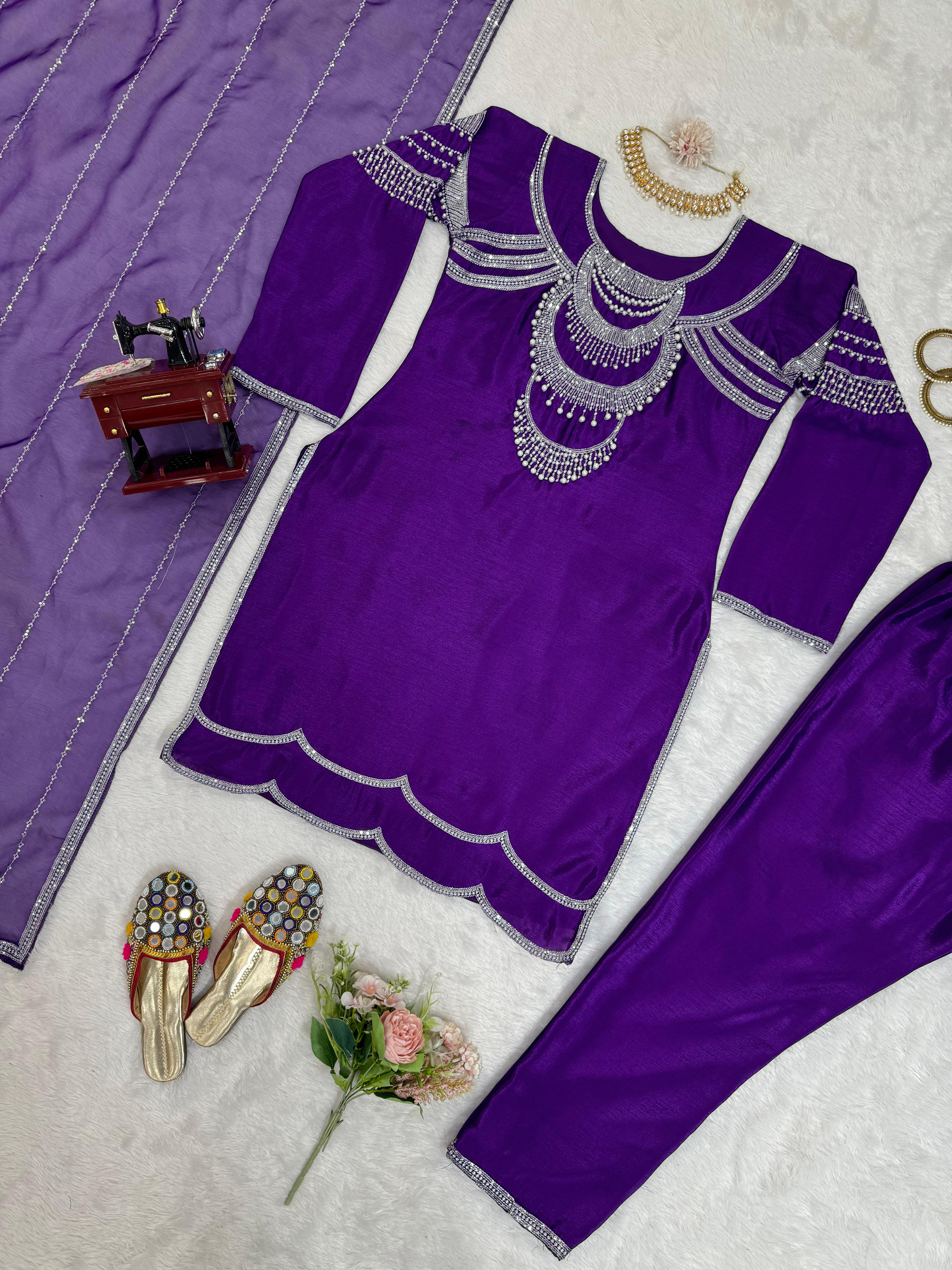 Bollywood Wear Purple Color Chinon Silk Thread And Sequence With Rivet Moti Designer Salwar Suit