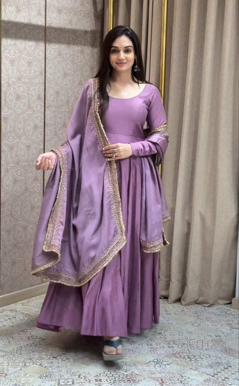 Wedding Wear Purple Color French With 7 Meter Flair Designer Gown