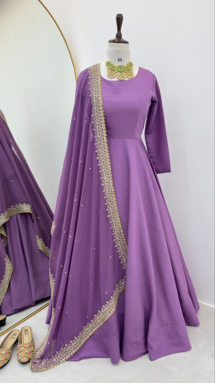 Wedding Wear Purple Color French With 7 Meter Flair Designer Gown