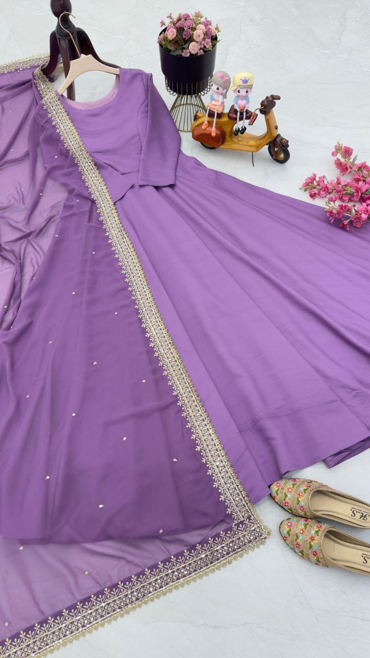 Wedding Wear Purple Color French With 7 Meter Flair Designer Gown