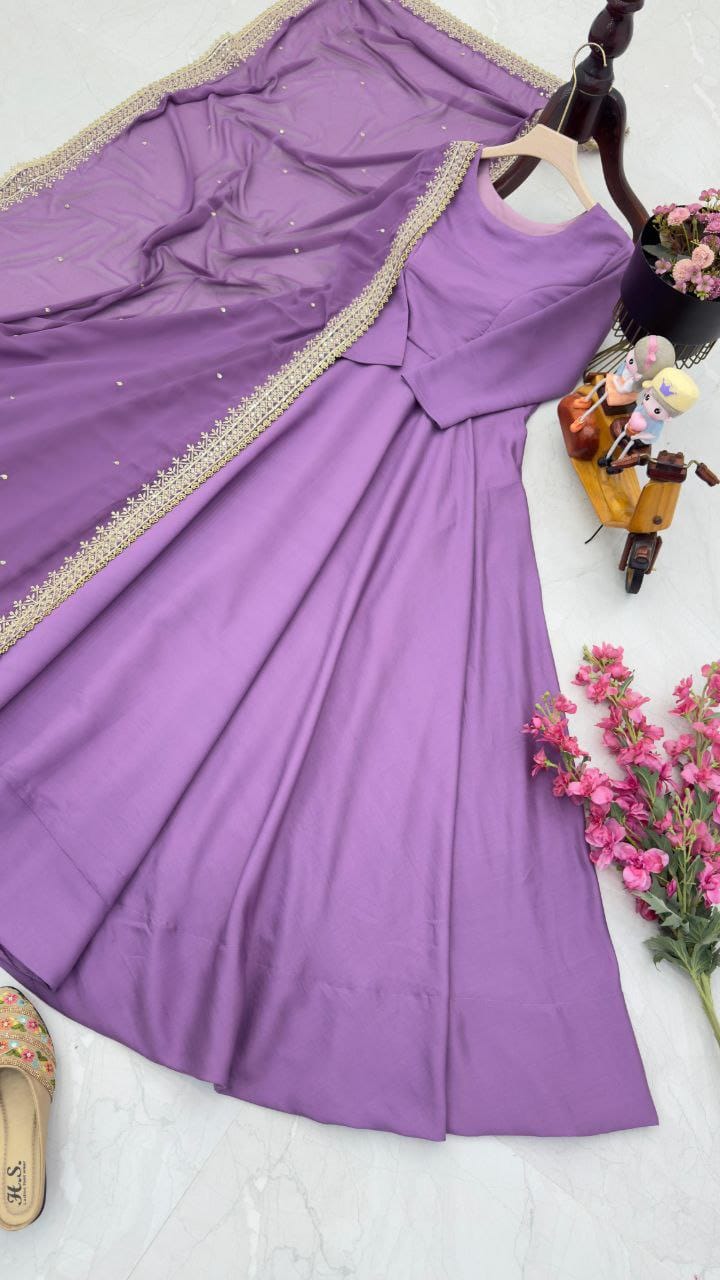 Wedding Wear Purple Color French With 7 Meter Flair Designer Gown