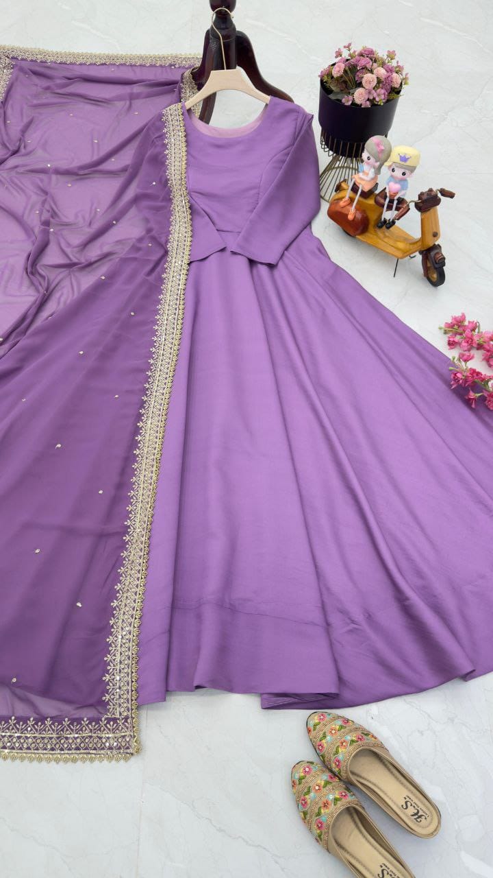 Wedding Wear Purple Color French With 7 Meter Flair Designer Gown