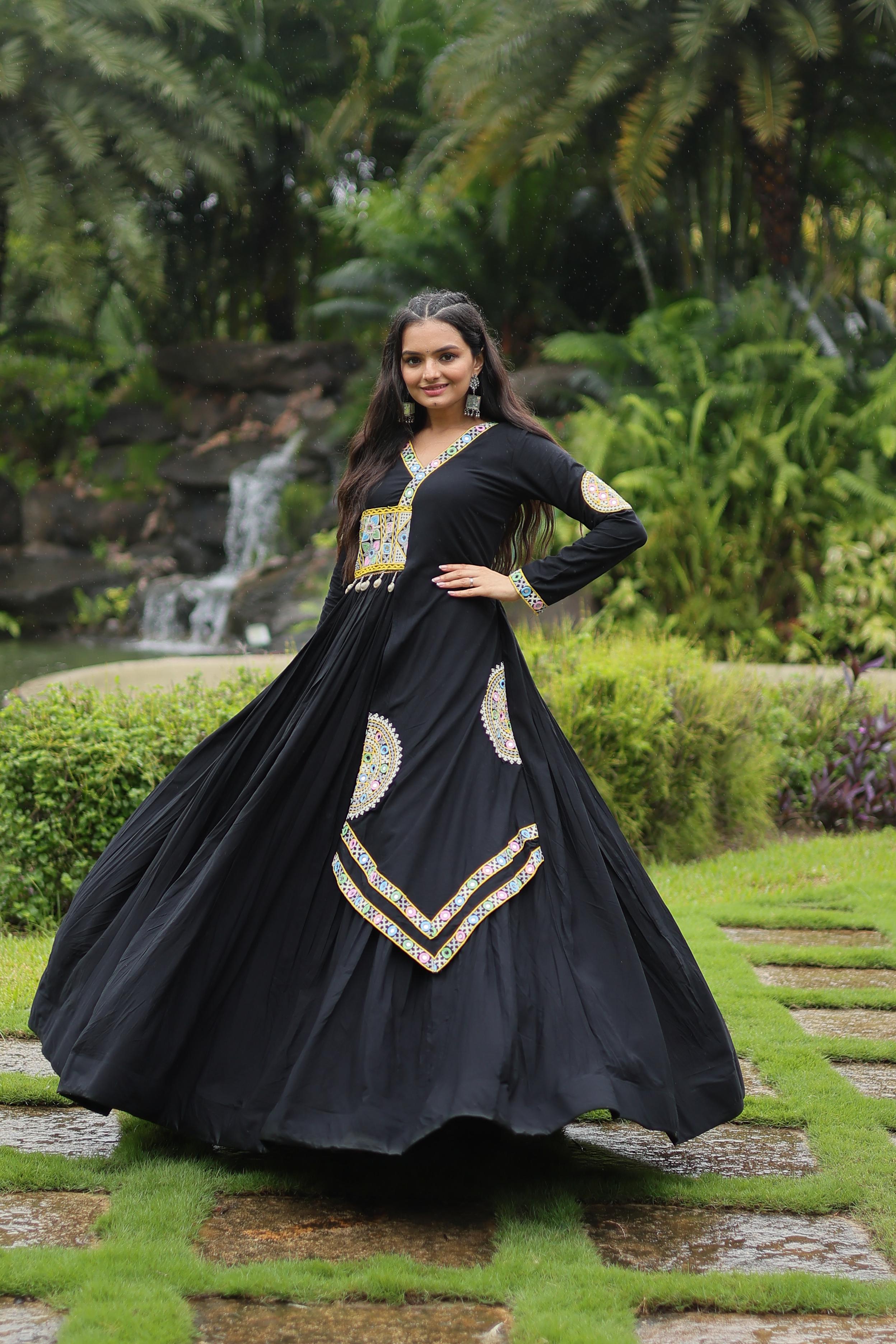 Traditional Wear Black Color Rayon With Kutchi Gamthi Lace Work Navratri Special Designer Gown