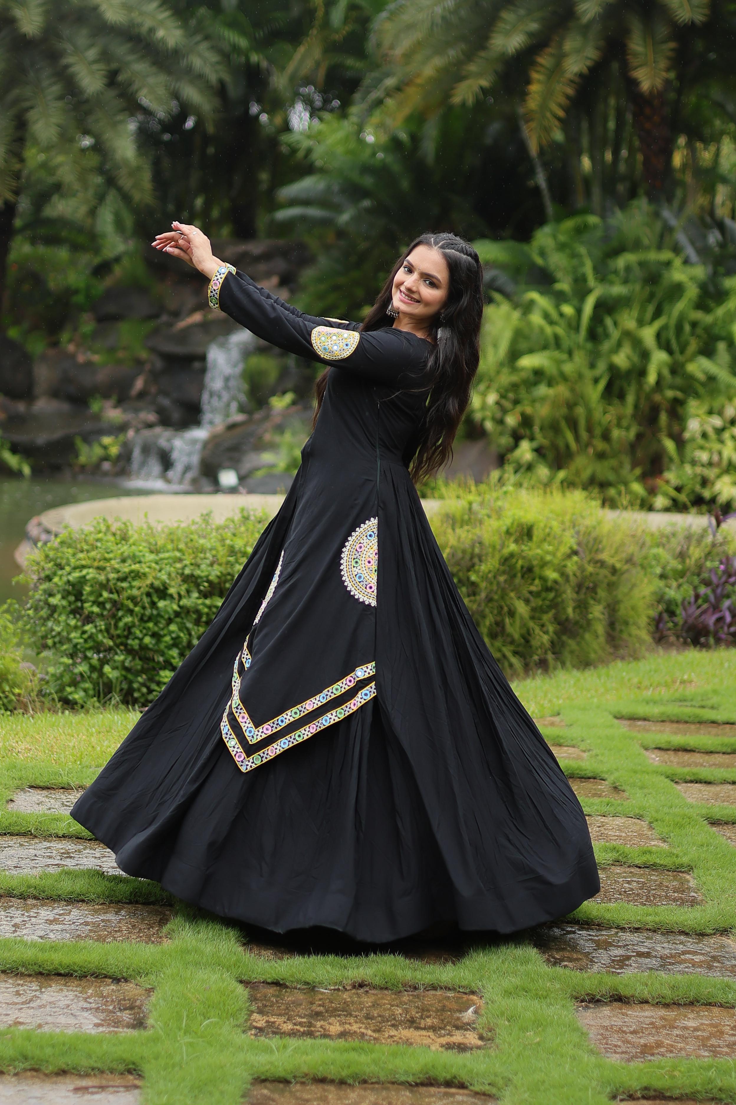 Traditional Wear Black Color Rayon With Kutchi Gamthi Lace Work Navratri Special Designer Gown