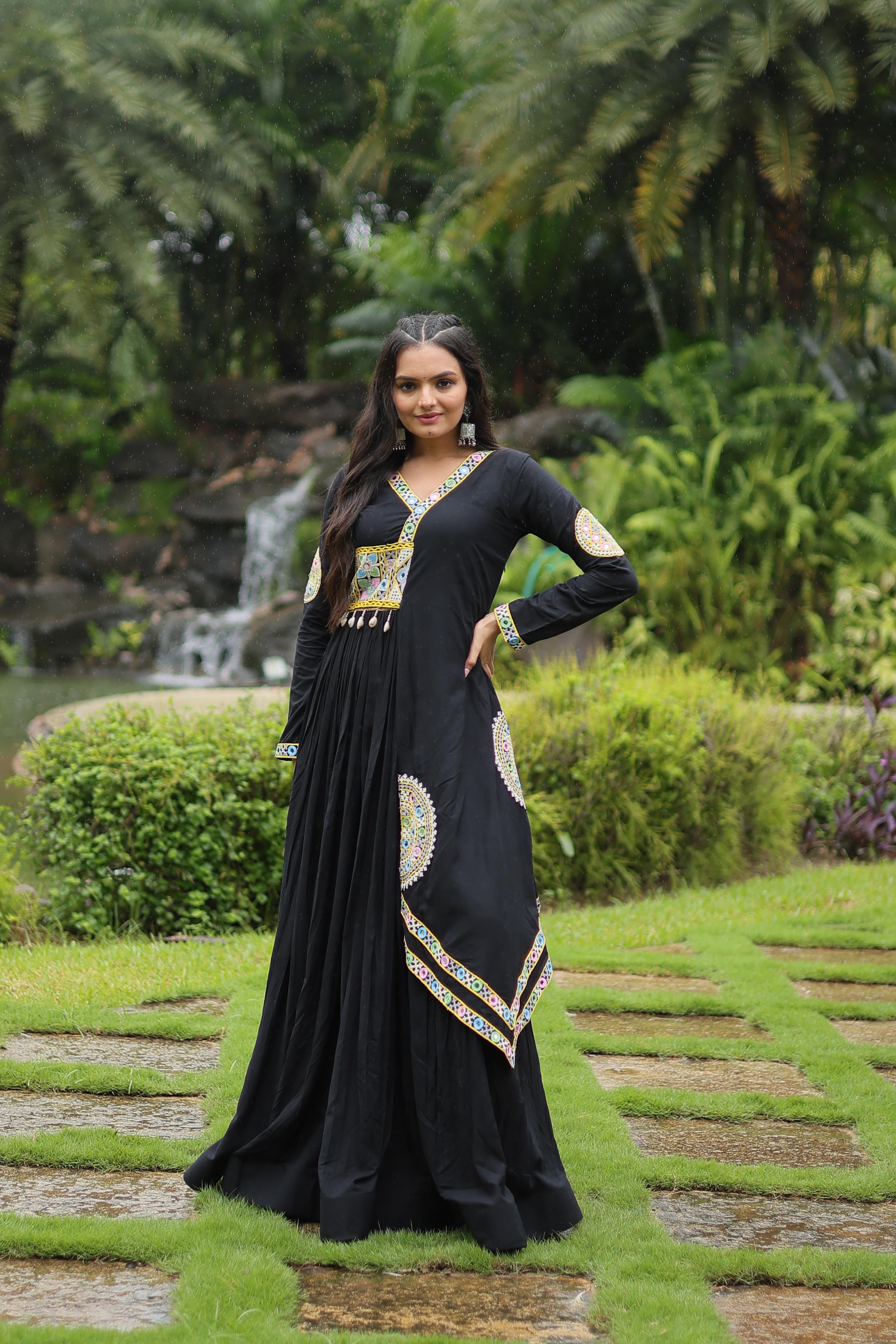 Traditional Wear Black Color Rayon With Kutchi Gamthi Lace Work Navratri Special Designer Gown