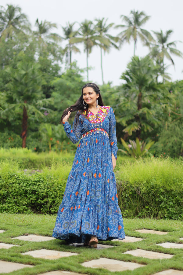 Imposing Sky Blue Color Bandhani Print Work With Kutchi Patchwork Georgette Designer Navratri Gown