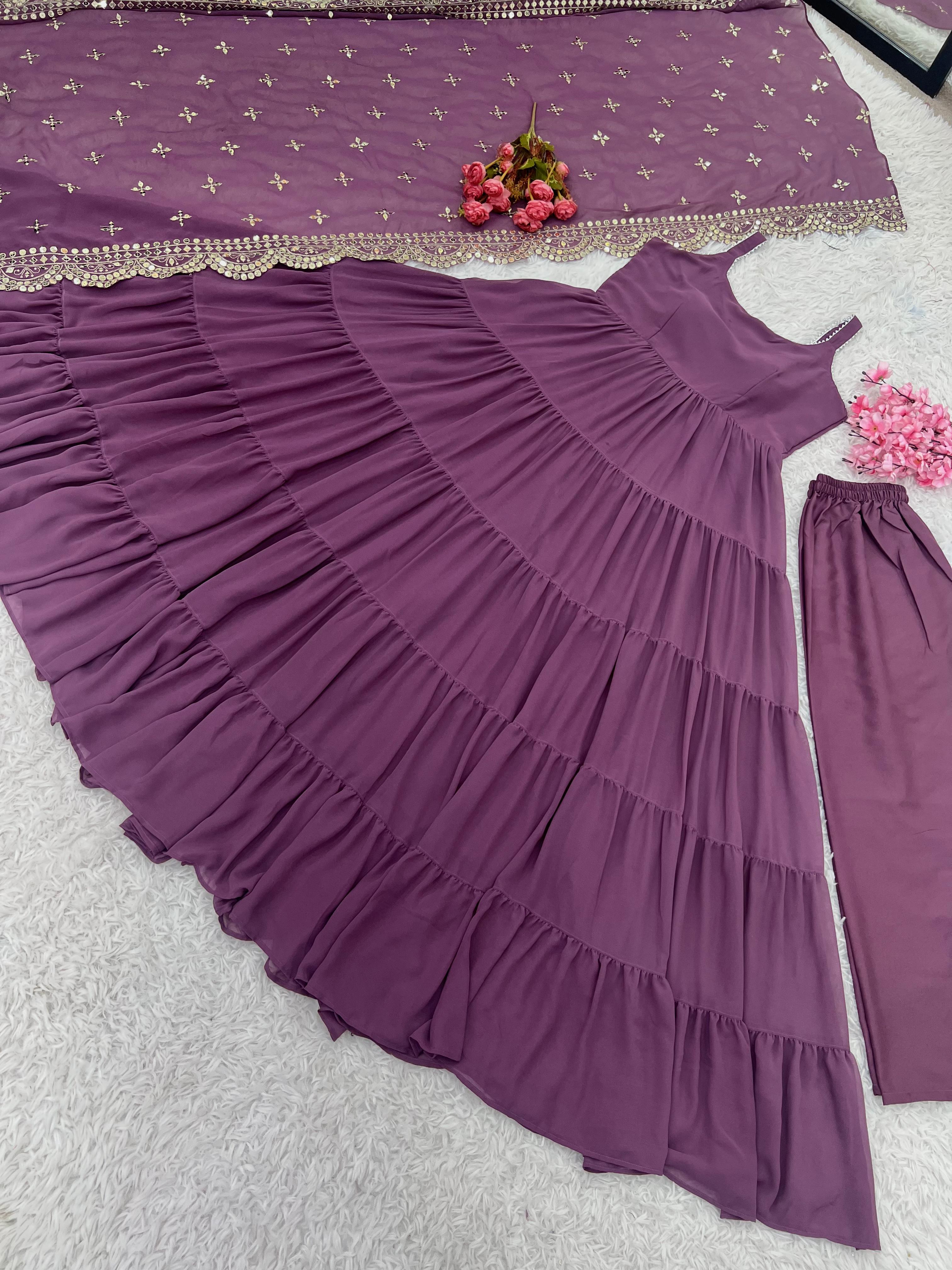 Wedding Wear Purple Color Faux Georgette Ruffle Anarkali Gown