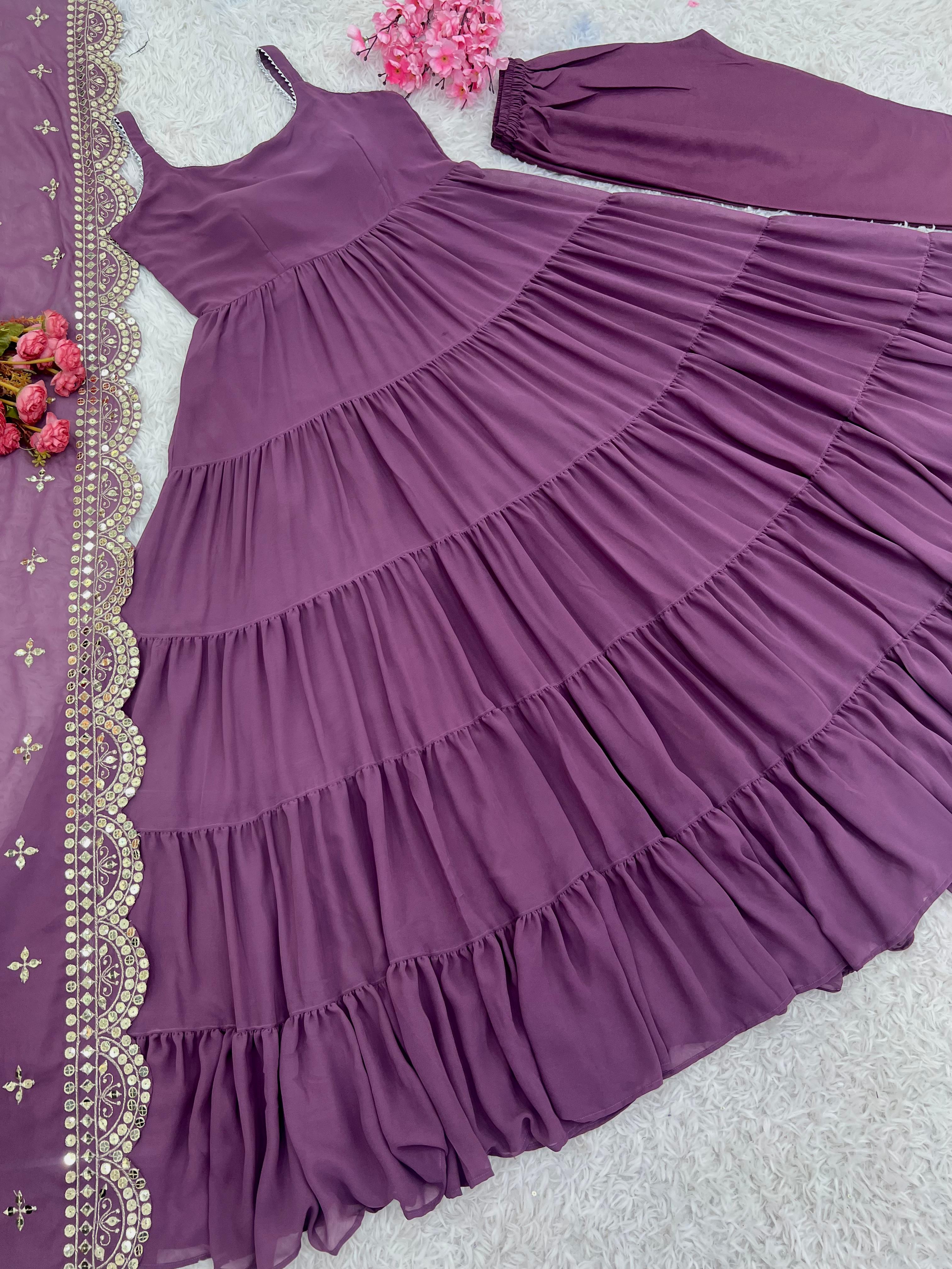 Wedding Wear Purple Color Faux Georgette Ruffle Anarkali Gown